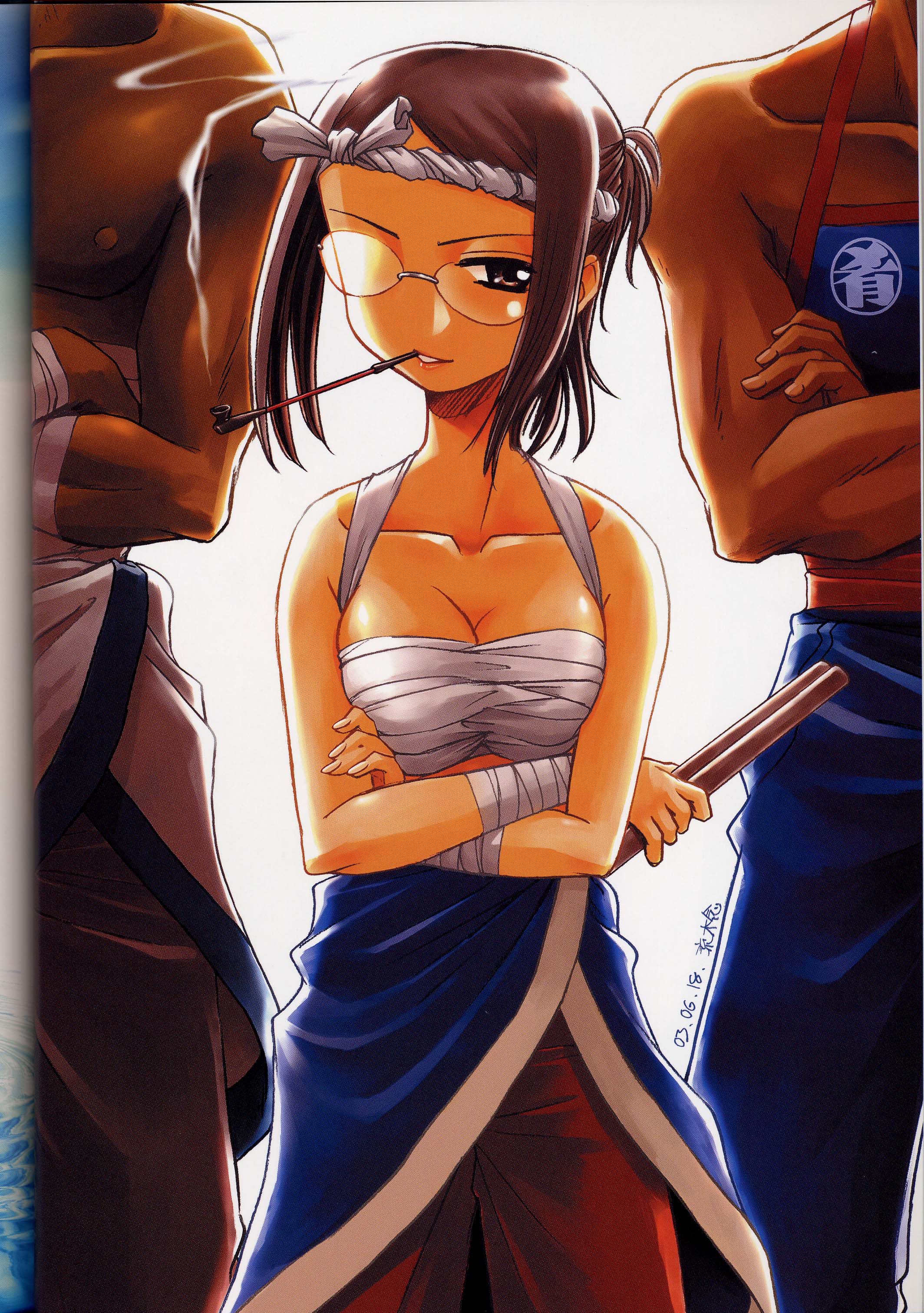katou ryouichi, sakanakura hiromi, sakanakura yumi, maple colors, absurdres, highres, scan, scan artifacts, 00s, 1girl, 2boys, bandages, bare shoulders, breasts, breasts squeezed together, brown eyes, brown hair, cleavage, crossed arms, dated, glasses, grin, head out of frame, headband, height difference, holding, japanese clothes, kiseru, looking at viewer, medium breasts, mouth hold, multiple boys, no shirt, opaque glasses, parted lips, pectorals, pipe in mouth, ponytail, samurai, sarashi, short hair, sidelocks, signature, simple background, smile, smoke, smoking, smoking pipe, topless male, weapon, white background