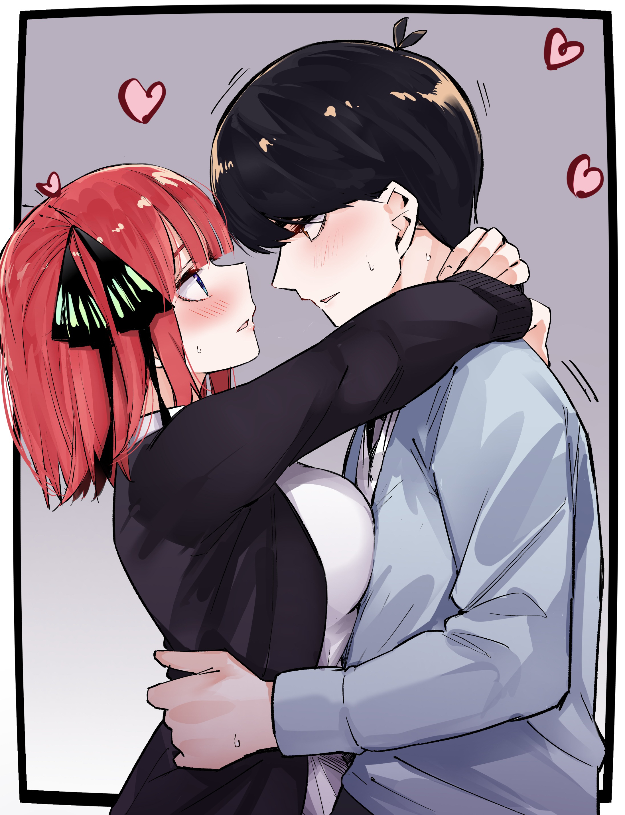 mame1645, nakano nino, uesugi fuutarou, go-toubun no hanayome, absurdres, commentary request, highres, 1boy, 1girl, antenna hair, black cardigan, black hair, blush, breast press, breasts, bug, cardigan, couple, eye contact, facing another, from side, hair ribbon, heart, hetero, hug, looking at another, medium breasts, orange hair, profile, ribbon, school uniform, sweatdrop, upper body