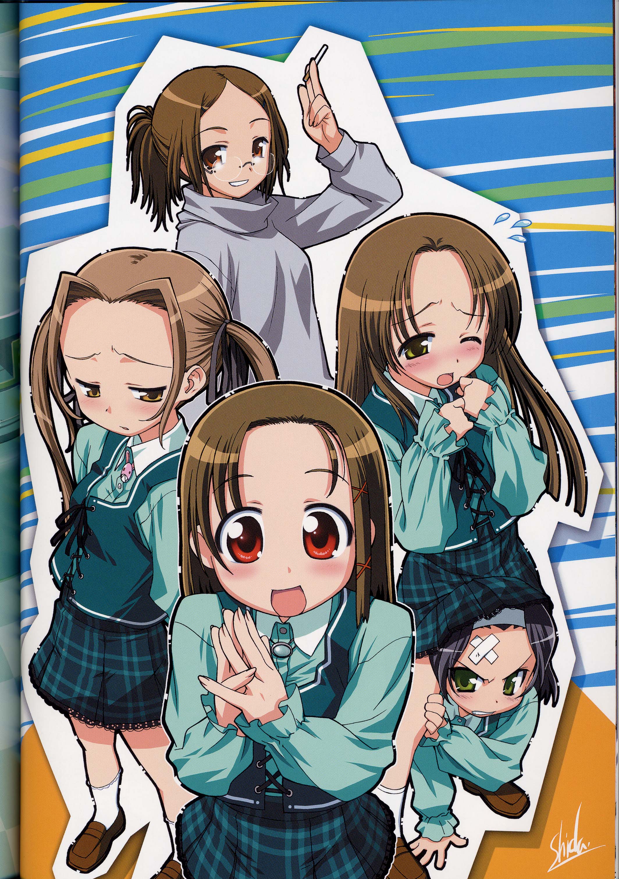 shida kazuhiro, hyaku momichi, momochi momo, sakanakura hiromi, sakanakura yumi, sanebara maki, takana kiyoshi, takano hijiri, tanaka kanata, maple colors, absurdres, highres, scan, scan artifacts, 00s, 5girls, :d, :o, ;o, angry, arm support, arm up, arms behind back, bandaid, between legs, black hair, blush, bobby socks, brooch, brown eyes, brown hair, buttons, cigarette, clenched hands, clenched teeth, clothes lift, corset, embarrassed, fingernails, flat chest, flying sweatdrops, glasses, green eyes, grin, hair intakes, hair ornament, hair ribbon, hairband, hairclip, holding, jewelry, lace, lace-trimmed skirt, lace trim, loafers, long fingernails, long hair, looking at viewer, looking back, miniskirt, multiple girls, one eye closed, open mouth, orange eyes, outline, own hands together, plaid clothes, plaid skirt, pleated skirt, ponytail, puffy sleeves, red eyes, ribbon, school uniform, serafuku, shirt, shoes, short hair, signature, skirt, skirt lift, smile, smoking, socks, squatting, squinting, surprised, sweatdrop, sweater, teeth, thigh grab, turtleneck, twintails, vest, wince, wink