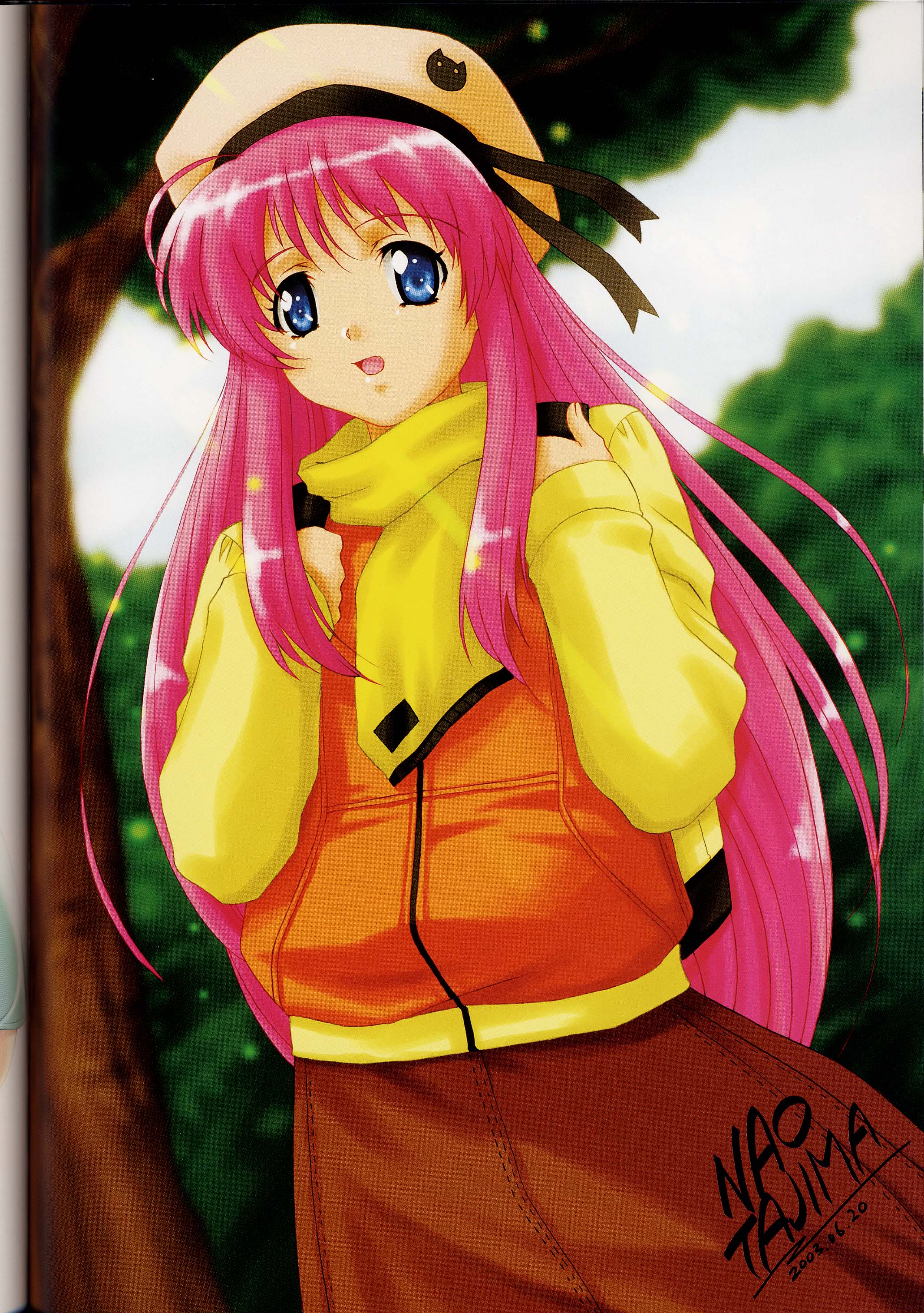 tajima nao, aio momiji, akiho momiji, maple colors, absurdres, highres, scan, 00s, 1girl, :o, ahoge, beret, black ribbon, blue eyes, blurry, brown skirt, cowboy shot, crease, dated, day, depth of field, dutch angle, facing viewer, female focus, full-length zipper, hands on own chest, hat, hat ribbon, jacket, long hair, long sleeves, looking at viewer, open mouth, outdoors, pink hair, ribbon, scarf, sidelocks, signature, skirt, sky, solo, standing, stitches, straight hair, track jacket, tree, very long hair, white hat, yellow scarf, zipper