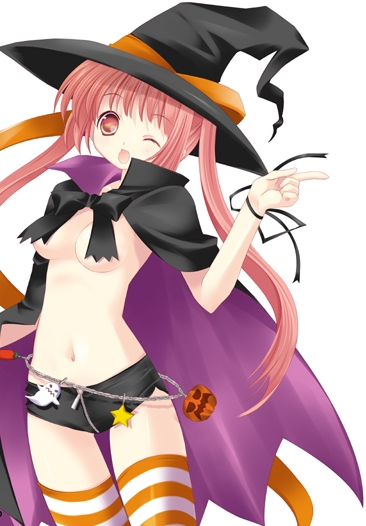 1girl, cape, female focus, ghost, halloween, hat, jack-o'-lantern, naked cape, one eye closed, pants, pumpkin, ribbon, shorts, solo, thigh gap, thighhighs, tight clothes, tight pants, topless female, white background, wink, witch hat
