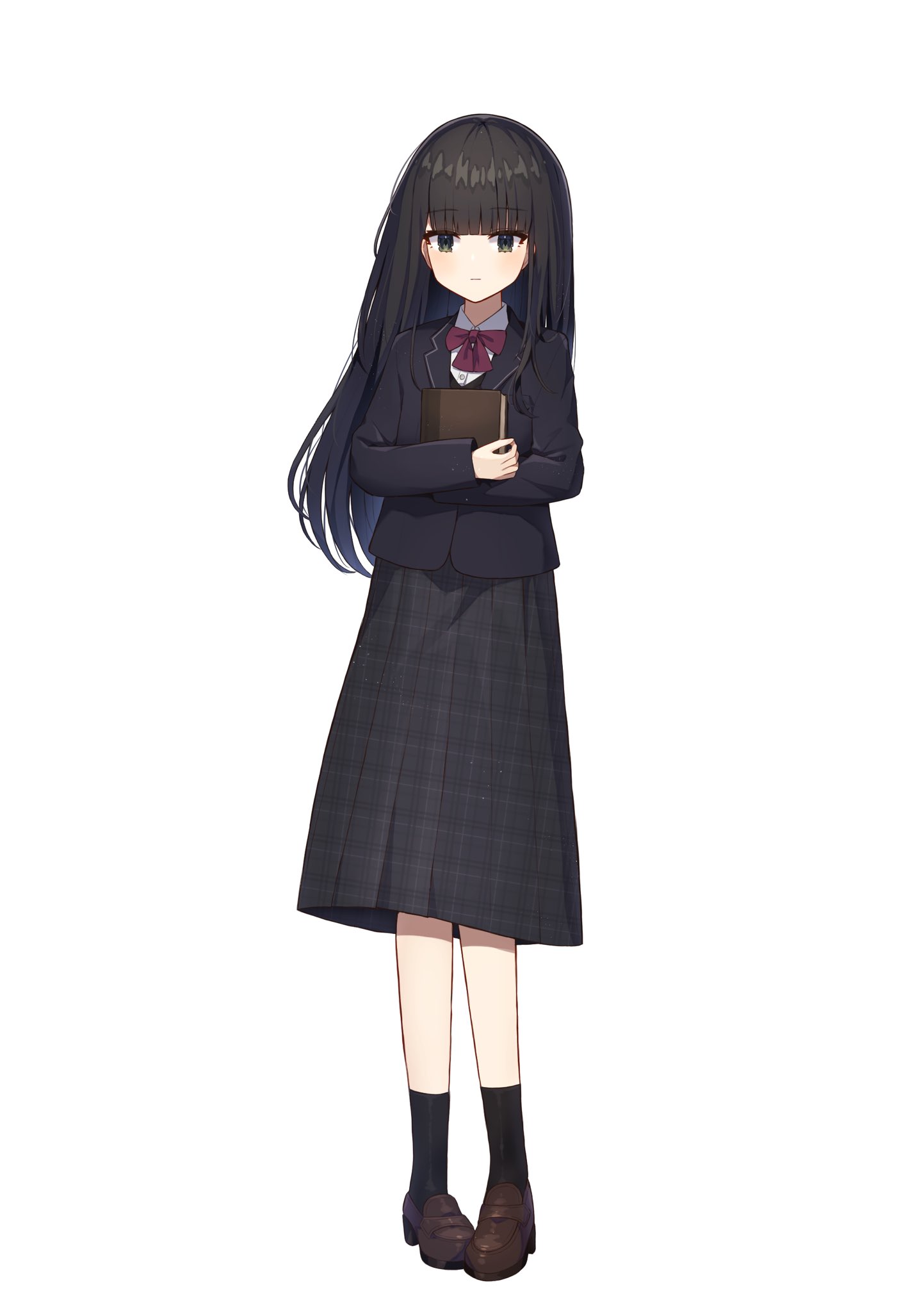 akatanotaki, original, highres, 1girl, black hair, black jacket, black skirt, black socks, blunt bangs, book, bow, bowtie, brown shoes, closed mouth, collared shirt, expressionless, full body, green eyes, holding, holding book, jacket, legs together, loafers, long hair, long sleeves, looking at viewer, medium skirt, pigeon-toed, plaid clothes, plaid skirt, pleated skirt, red bow, red bowtie, school uniform, shirt, shoes, simple background, skirt, socks, solo, standing, straight-on, white background, white shirt