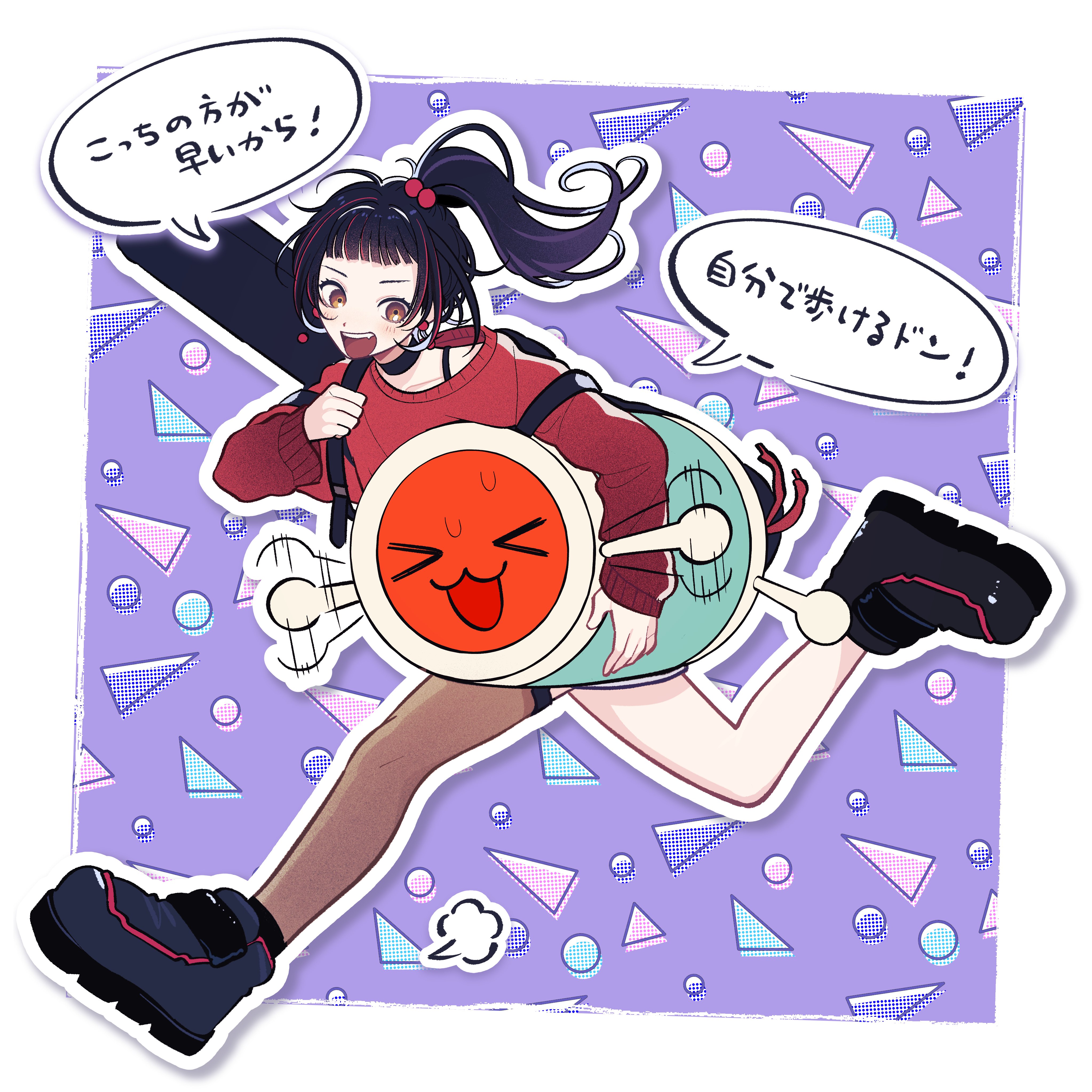 wada don, bandai namco, taiko no tatsujin, absurdres, artist request, commentary request, highres, official art, second-party source, translation request, > <, 1girl, armband, bag, black armband, black bag, black bra, black choker, black hair, black shoes, bra, choker, circle, collarbone, colored inner hair, countdown illustration, drawstring, drop shadow, drum, earrings, fang, full body, gigbag, guitar case, hair bobbles, hair ornament, half updo, high ponytail, holding, holding bag, instrument, instrument case, jewelry, long sleeves, looking at viewer, motion lines, multicolored hair, open mouth, outline, ponytail, puff of air, purple background, red hair, red sleeve cuffs, red sleeves, red sweater, running, see-through clothes, see-through thighhighs, shoes, short hair, side ponytail, simple background, single thighhigh, sleeve cuffs, speech bubble, streaked hair, sweatdrop, sweater, taiko drum, takahashi hana, takahashi hana (wadiverse), teeth, thighhighs, triangle, underwear, upper teeth only, v-shaped eyebrows, velcro shoes, white hair, white outline, yellow eyes