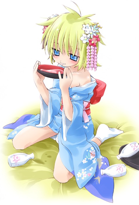 1girl, alcohol, blonde hair, blue eyes, blue kimono, bottle, bowl, drunk, female focus, hair ornament, japanese clothes, kimono, sake, short hair, solo, tabi, yukata