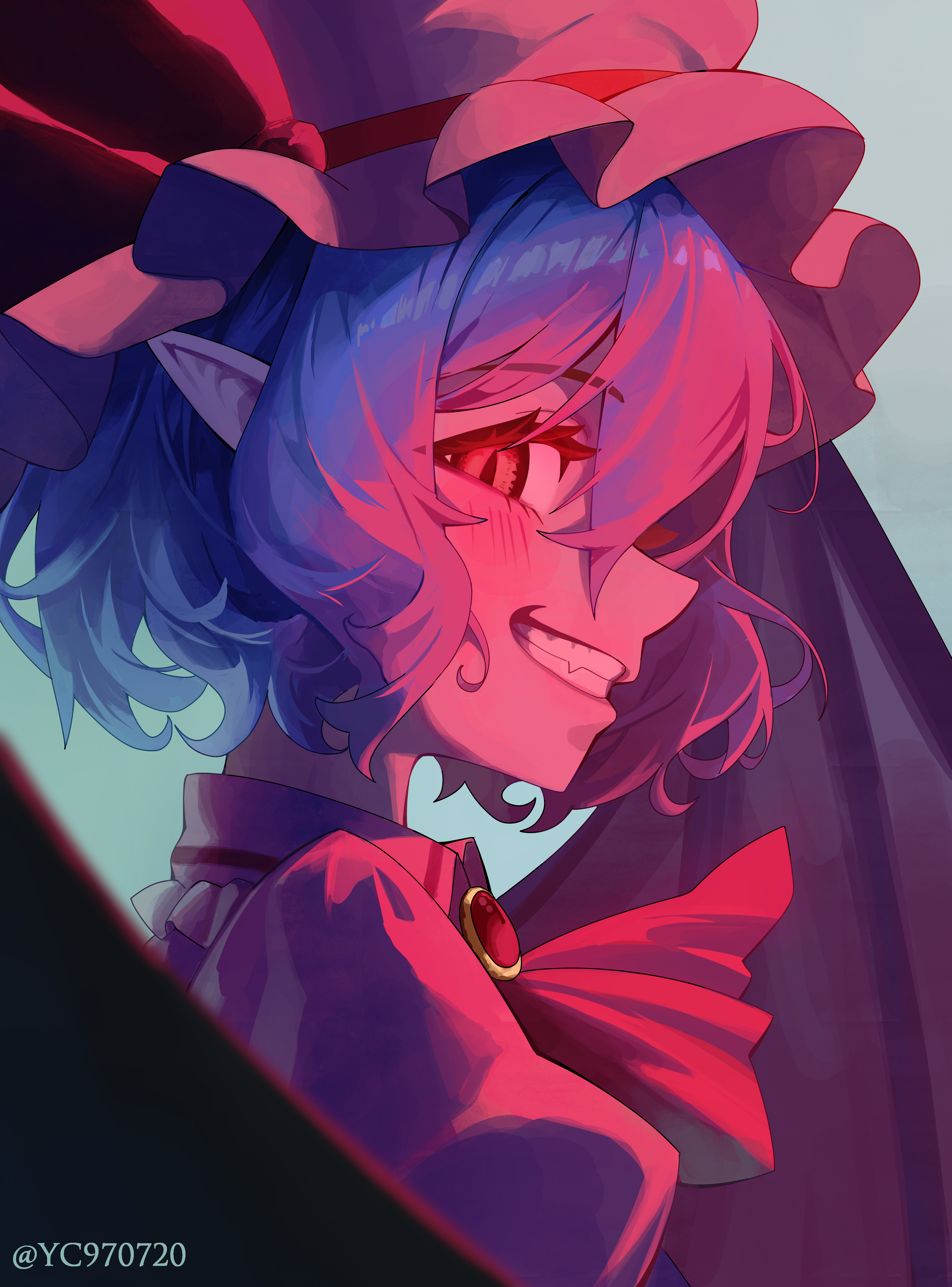yc97, remilia scarlet, touhou, absurdres, highres, 1girl, bat wings, blue hair, dress, from side, grin, hat, looking at viewer, mob cap, pink dress, pink hat, pointy ears, red eyes, short hair, slit pupils, smile, solo, upper body, wings