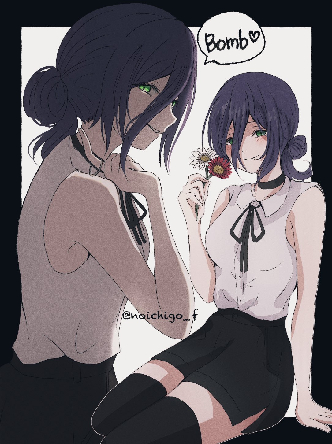 noichigo f, reze (chainsaw man), chainsaw man, commentary, highres, 1girl, bare shoulders, black border, black choker, black ribbon, black skirt, black thighhighs, blush, border, choker, closed mouth, english text, flower, green eyes, grenade pin, hair between eyes, hair bun, holding, holding flower, long hair between eyes, looking at viewer, medium hair, multiple views, neck ribbon, outside border, pencil skirt, profile, ribbon, shirt, shirt tucked in, simple background, single hair bun, sitting, skirt, sleeveless, sleeveless shirt, smile, speech bubble, thighhighs, twitter username, white background, white shirt, zettai ryouiki