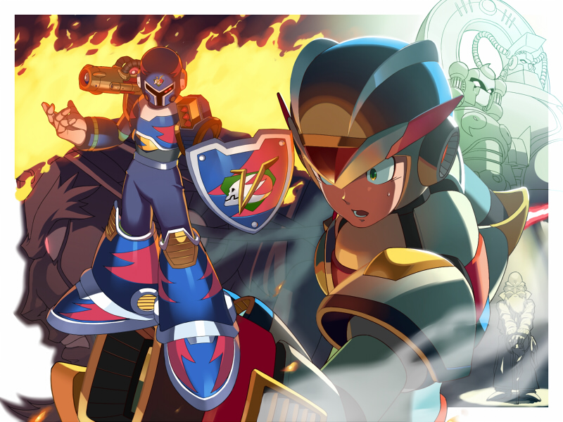 bit (mega man), byte (mega man), dr. cain (mega man), dr. doppler (mega man), third armor x (mega man), vile (mega man), vile mkii (mega man), x (mega man), mega man (series), mega man x3, mega man x (series), 6+boys, android, arm cannon, arm support, armor, bald, beard, blue armor, blue helmet, cannon, chest jewel, clenched teeth, closed mouth, facial hair, fiery background, fire, forehead jewel, full body, gloves, glowing, glowing eyes, green eyes, helmet, jewelry, long beard, long hair, lower teeth only, may (nicoseiga 32709921), multiple boys, old, old man, one-eyed, open mouth, red eyes, robot, robot ears, shield, shoulder cannon, stick, teeth, weapon, white armor, white gloves, white helmet