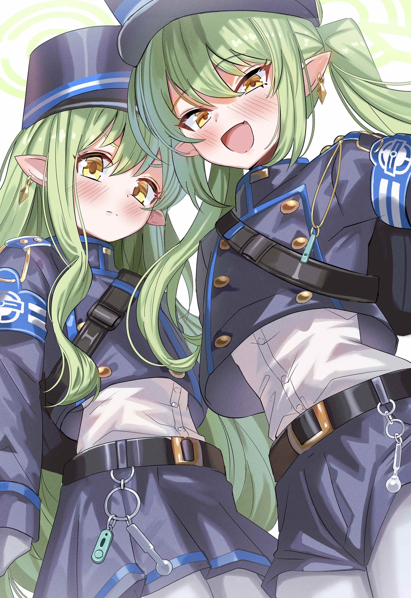 ame sagari, hikari (blue archive), nozomi (blue archive), blue archive, commentary, highres, 2girls, :d, armband, bag, belt, black belt, black shorts, black skirt, blue armband, buttons, cowboy shot, earrings, green hair, green halo, hair between eyes, halo, hat, highlander railway academy logo, jewelry, long hair, long sleeves, looking at viewer, multiple girls, open mouth, pantyhose, peaked cap, plaid clothes, plaid skirt, pointy ears, shirt, short shorts, shorts, shoulder bag, siblings, simple background, sisters, skirt, smile, standing, thick eyebrows, train conductor, turtleneck, twins, twintails, white background, white pantyhose, white shirt, yellow eyes