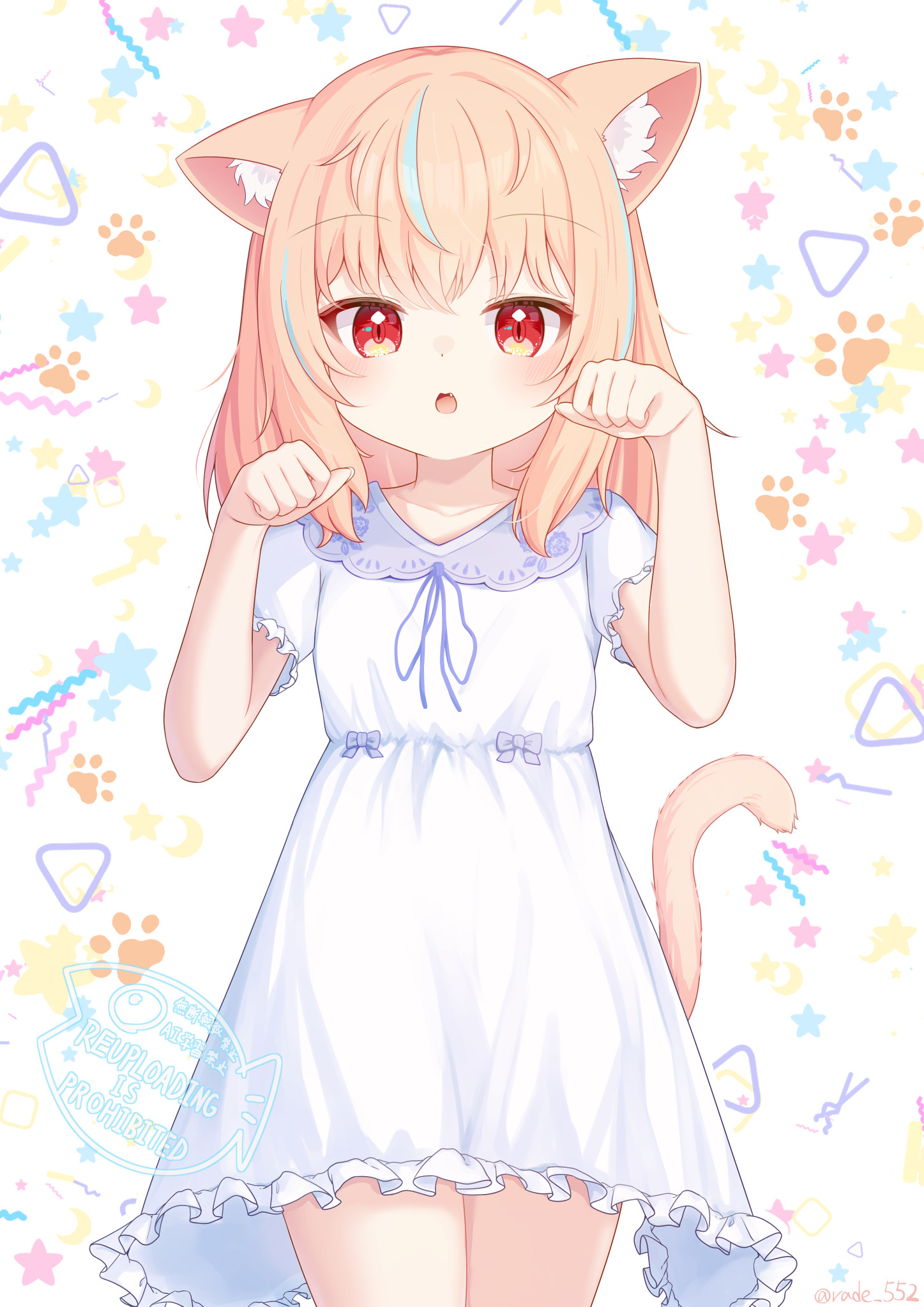 rade (rade 552), original, commentary request, highres, 1girl, animal ears, cat ears, cat girl, cat tail, dress, hands up, paw pose, red eyes, solo, tail, watermark, white dress