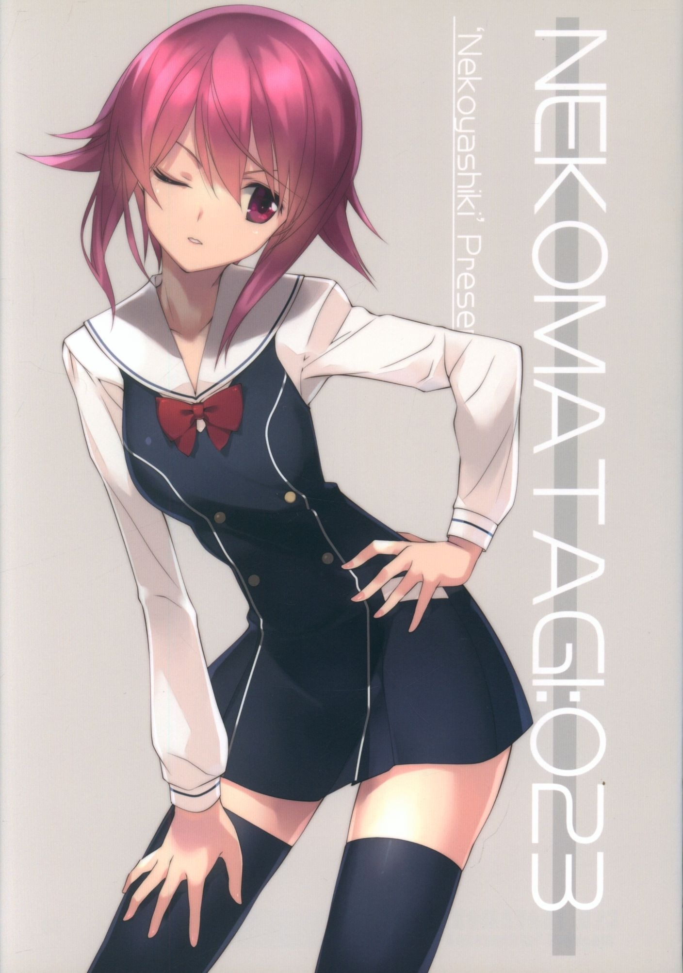 sasaki mutsumi, onoe serika, chaos;child, science adventure, highres, official art, 1girl, black thighhighs, bow, breasts, buttons, chest bow, collarbone, double-breasted, dress vest, hair between eyes, hekiho academy school uniform, leaning to the side, long sleeves, looking to the side, miniskirt, no jacket, one eye closed, parted lips, pink eyes, pink hair, red bow, sailor collar, sailor shirt, school uniform, shirt, short hair, short hair with long locks, skirt, small breasts, solo, thighhighs, v-shaped eyebrows, white sailor collar, zettai ryouiki