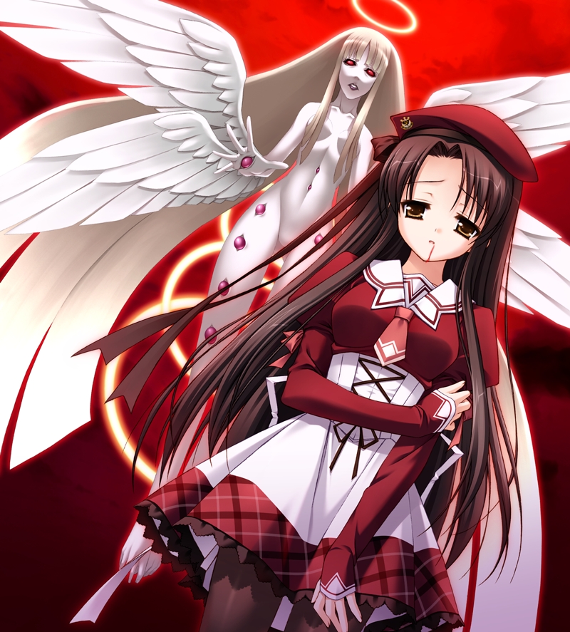 tachibana kukuri, 11eyes, plaid, 00s, 1girl, angel, angel wings, black pantyhose, blood, halo, hand eye, hat, long hair, multiple wings, pantyhose, school uniform, serafuku, seraph, wings