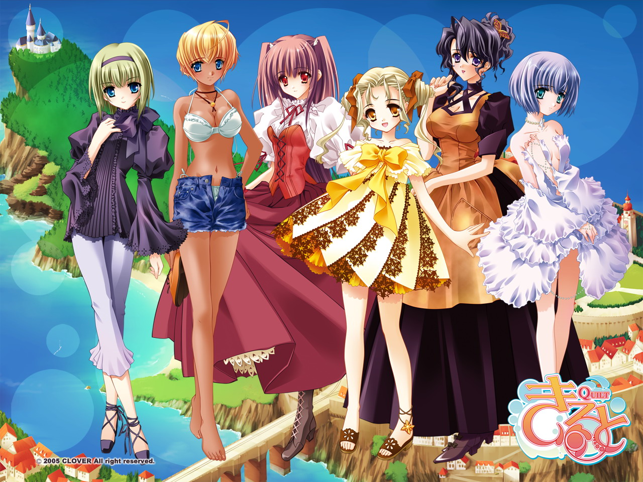 carnelian, kanami, nishiwaki yuuri, sugiyama genshou, airi (quilt), ena (quilt), kanami (quilt), kyrie (devil may cry), kyrie (quilt), mizuki (quilt), sia (quilt), quilt (game), 6+girls, ahoge, anklet, barefoot, bikini, black hair, blanket, blonde hair, blouse, blue eyes, blue hair, blush, boots, bow, breasts, cleavage, dark-skinned female, dark skin, denim, denim shorts, dress, everyone, flat chest, green eyes, green hair, hair ornament, hair ribbon, hairband, jewelry, large breasts, long hair, multiple girls, necklace, open mouth, pink hair, purple eyes, quilt, red eyes, ribbon, sandals, shirt, short hair, shorts, side-tie bikini bottom, smile, swimsuit, two side up, yellow eyes