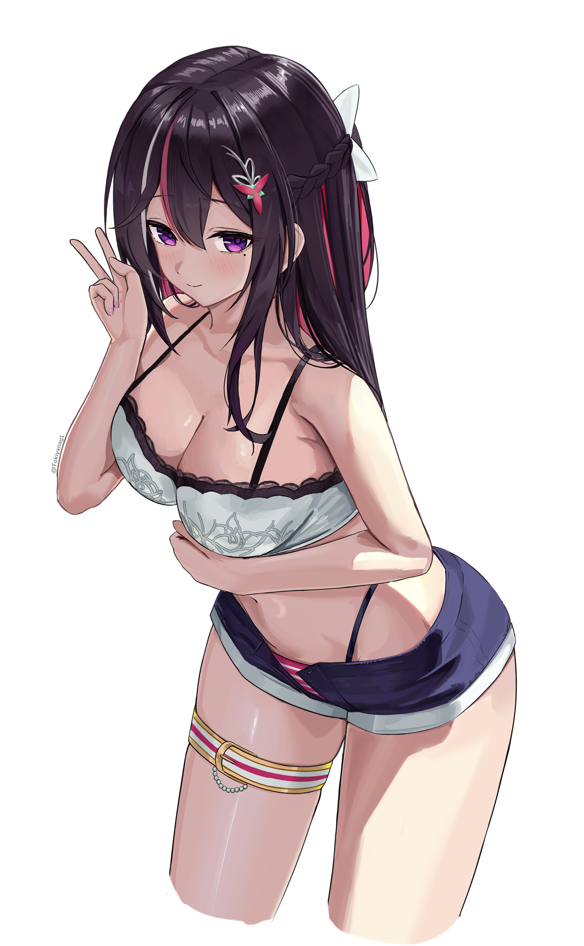 tokiyanagi, azki (hololive), hololive, absurdres, commentary request, highres, 1girl, alternate costume, asymmetrical sidelocks, bikini, bikini under shorts, black hair, blue shorts, braid, breasts, cleavage, closed mouth, colored inner hair, cropped leg, cropped legs, double-parted bangs, hair ornament, hairclip, half up half down braid, hand up, highleg, highleg bikini, large breasts, leaning forward, long hair, looking at viewer, mismatched bikini, mole, mole under eye, multicolored hair, navel, open fly, pink bikini, pink hair, purple eyes, short shorts, shorts, sidelocks, smile, solo, stomach, streaked hair, swimsuit, thigh strap, v, very long hair, virtual youtuber, white bikini, white hair