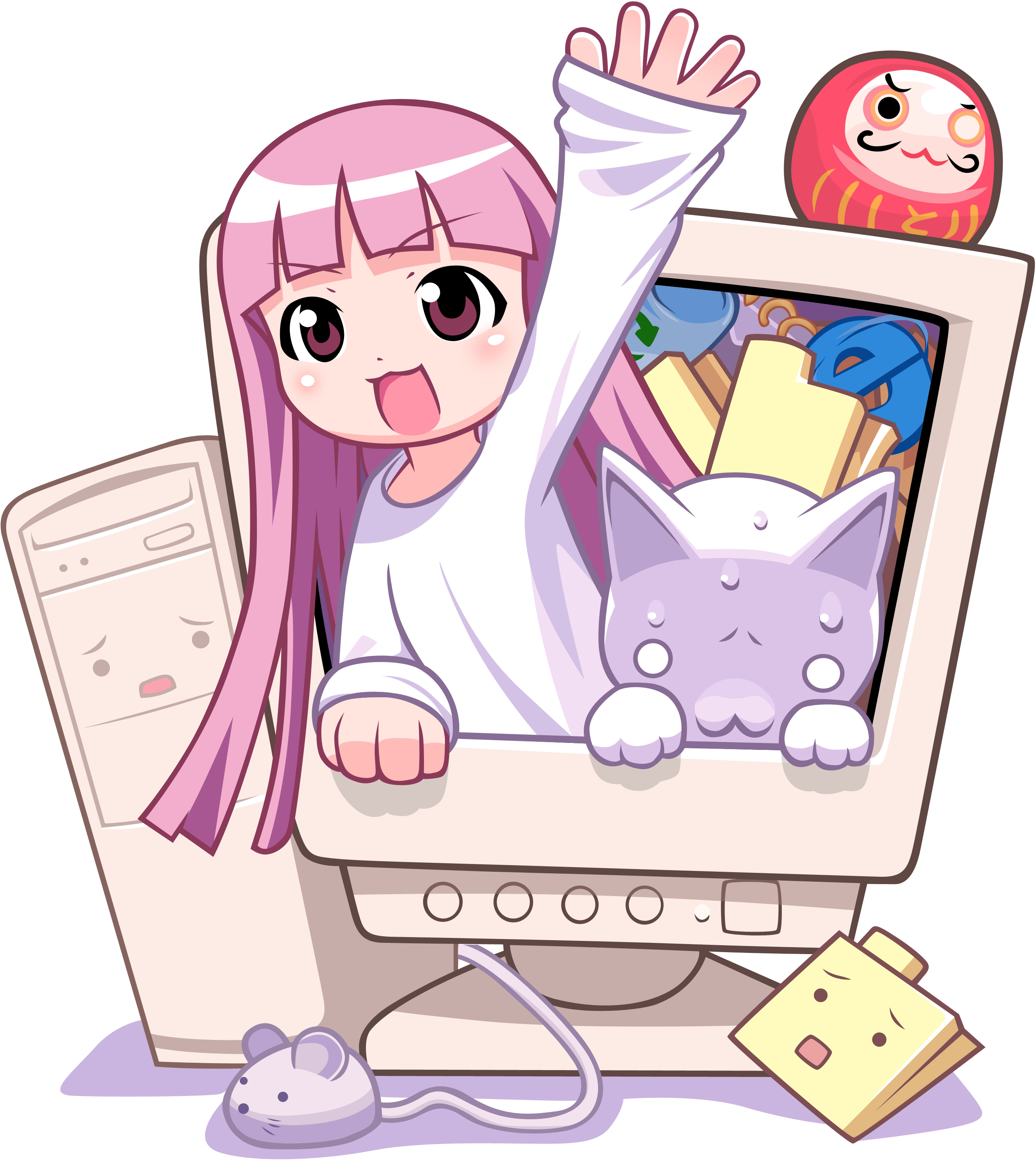toromi (toromix2), internet explorer, microsoft, absurdres, copyright request, derivative work, highres, photoshop (medium), vector trace, 1girl, :3, amaesode, animal, blush, brown eyes, cat, computer, computer mouse, crt, daruma doll, doll, folder, long hair, long sleeves, monitor, mouse (animal), open mouth, personification, pink eyes, pink hair, recycle bin, shirt, sleeves past wrists, smile, sweat, through medium, through screen, trash can, waving, white background, white shirt
