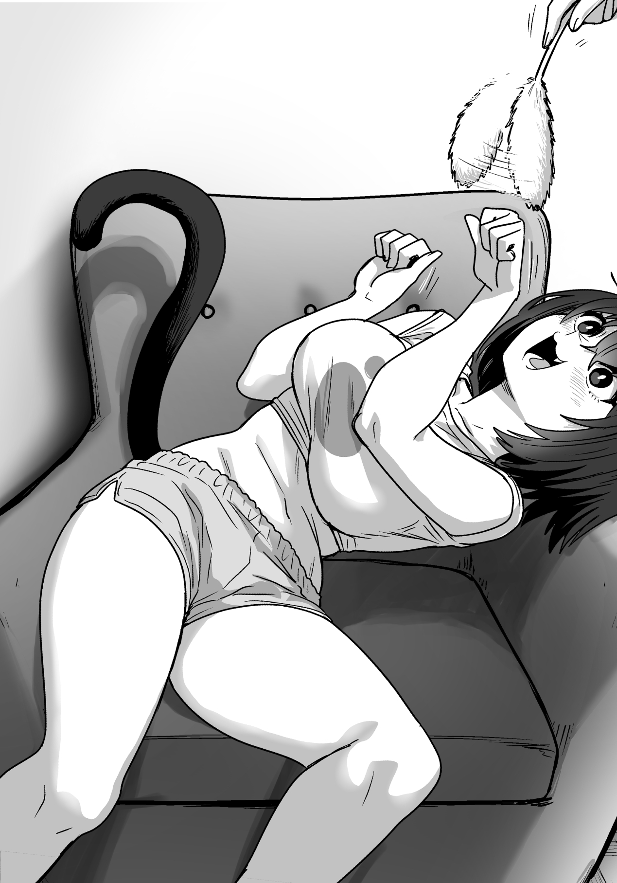 fumitan (humitan), original, highres, 1girl, :3, afterimage, animal ears, armchair, blush, breasts, cat ears, cat girl, cat tail, cat teaser, chair, greyscale, huge breasts, monochrome, short hair, short shorts, shorts, sitting, tail