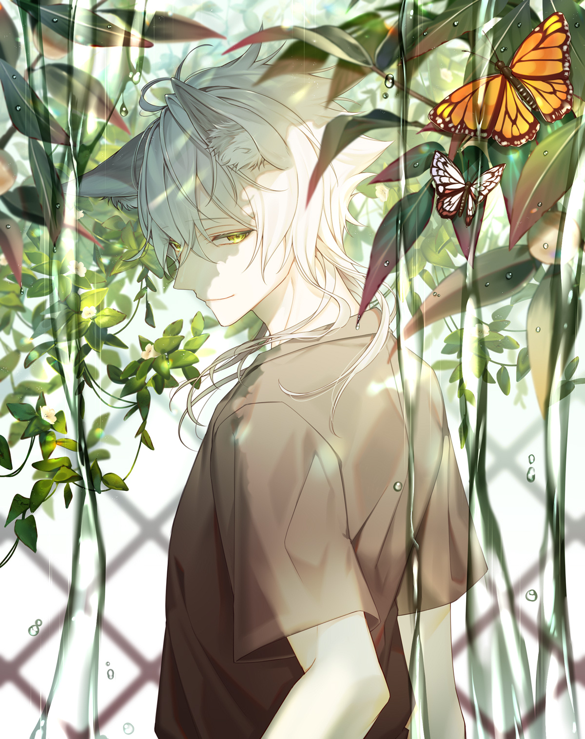 cocosuke, original, highres, 1boy, ahoge, animal ear fluff, animal ears, brown shirt, bug, butterfly, chain-link fence, closed mouth, fence, fox boy, fox ears, from behind, hair between eyes, insect, looking at viewer, looking back, male focus, medium hair, orange butterfly, plant, shirt, short sleeves, sideways glance, smile, solo, upper body, water, water drop, white butterfly, white hair