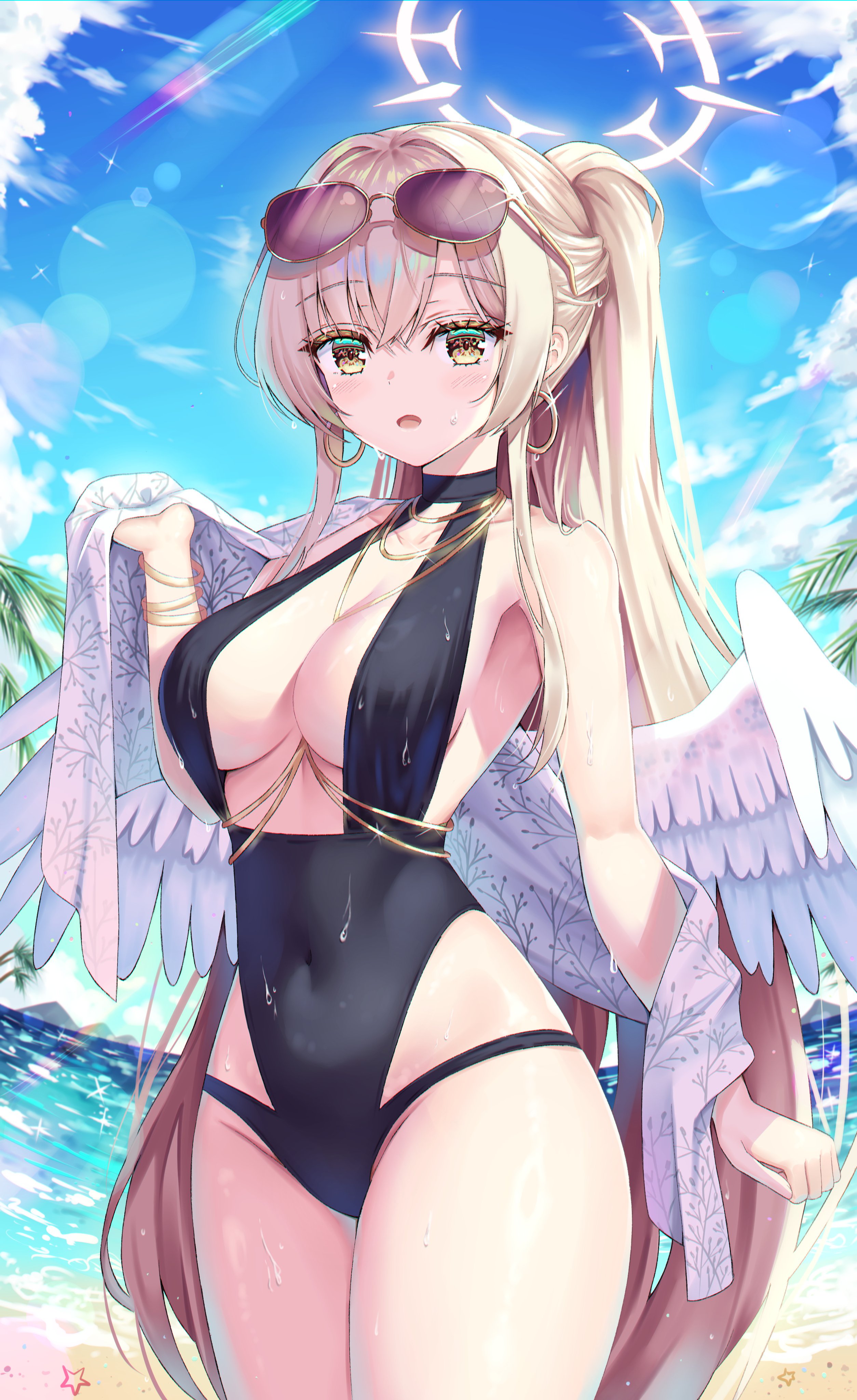 natie, nagisa (blue archive), nagisa (swimsuit) (blue archive), blue archive, absurdres, commentary, hashtag-only commentary, highres, 1girl, black one-piece swimsuit, blush, breasts, brown hair, cleavage, covered navel, cowboy shot, day, earrings, eyewear on head, feathered wings, hand up, hoop earrings, jewelry, large breasts, long hair, looking at viewer, official alternate costume, one-piece swimsuit, open mouth, outdoors, ponytail, purple-tinted eyewear, round eyewear, solo, swimsuit, tinted eyewear, very long hair, wet, white wings, wings, yellow eyes
