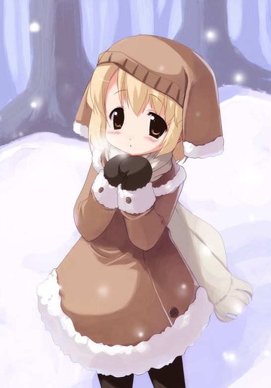 blush, breath, buttons, coat, cold, gloves, hat, pantyhose, scarf, snow, solo, tree, winter