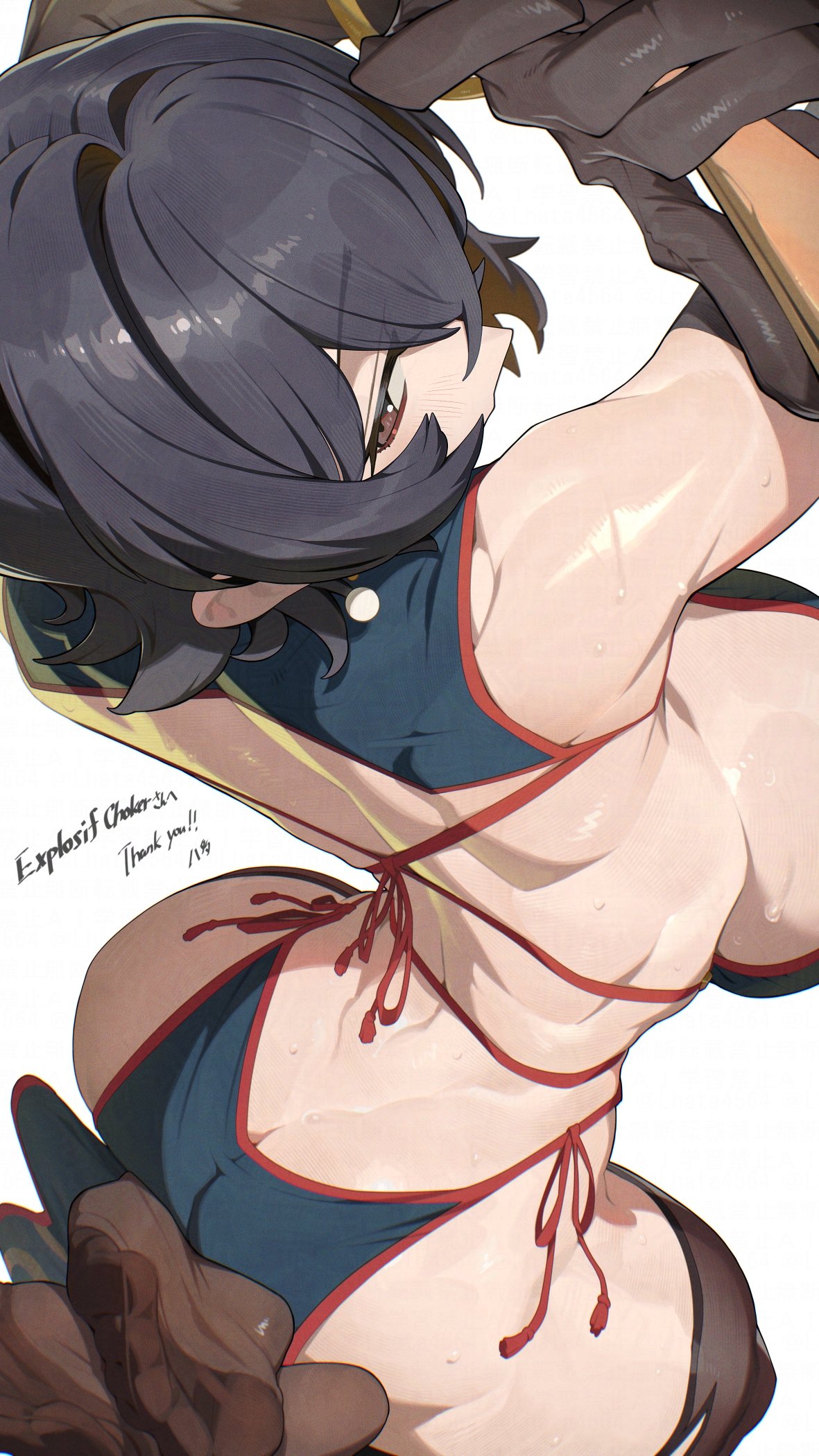 hata4564, original, commentary request, commission, highres, skeb commission, 1girl, ass, back, bare shoulders, black gloves, black hair, breasts, brown eyes, brown thighhighs, from above, from behind, gloves, large breasts, looking at viewer, short hair, sideboob, simple background, soles, solo, sweat, thank you, thighhighs, toes, white background