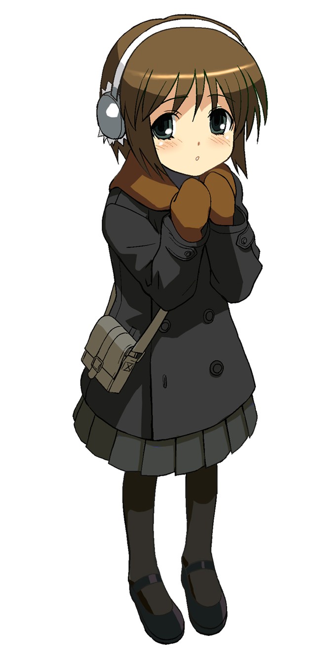 highres, blush, coat, cold, earmuffs, gloves, mary janes, mittens, pantyhose, shoes, solo