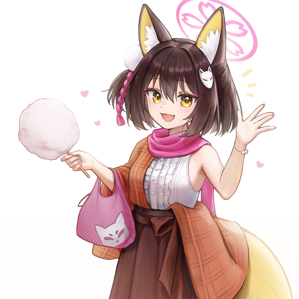 fefee, izuna (blue archive), blue archive, highres, 1girl, animal ear fluff, animal ears, blush, brown skirt, candy, colored inner animal ears, food, fox ears, fox girl, fox hair ornament, fox tail, hair ornament, halo, hand on own hip, holding, holding candy, holding food, looking at viewer, one side up, open mouth, pink halo, pink scarf, pom pom (clothes), pom pom hair ornament, rope, scarf, shimenawa, short hair, simple background, skirt, smile, solo, tail, upper body, white background