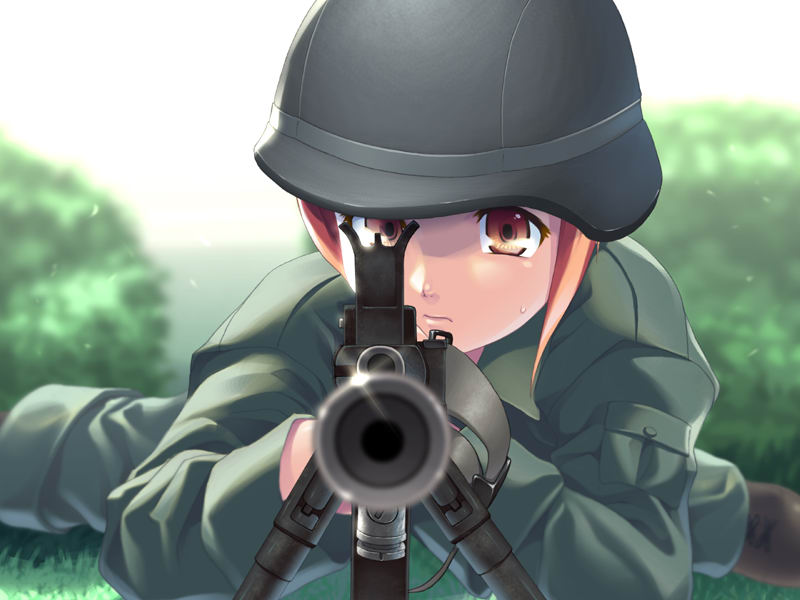 kurowashi, kusakabe kanako, gunjou no sora wo koete, light (developer), game cg, 1girl, aiming, aiming at viewer, boots, female focus, gun, helmet, holding, holding gun, holding weapon, military, military fatigues, military uniform, rifle, soldier, solo, sweat, weapon