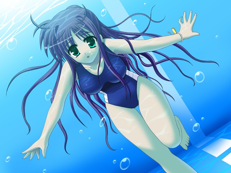 tsuzuki maki, nagase yukino, sakura machizaka stories, sakura machizaka stories vol.1, game cg, 1girl, bracelet, breasts, bubble, charm (object), female focus, freediving, jewelry, key, large breasts, long hair, one-piece swimsuit, pool, solo, swimsuit, underwater