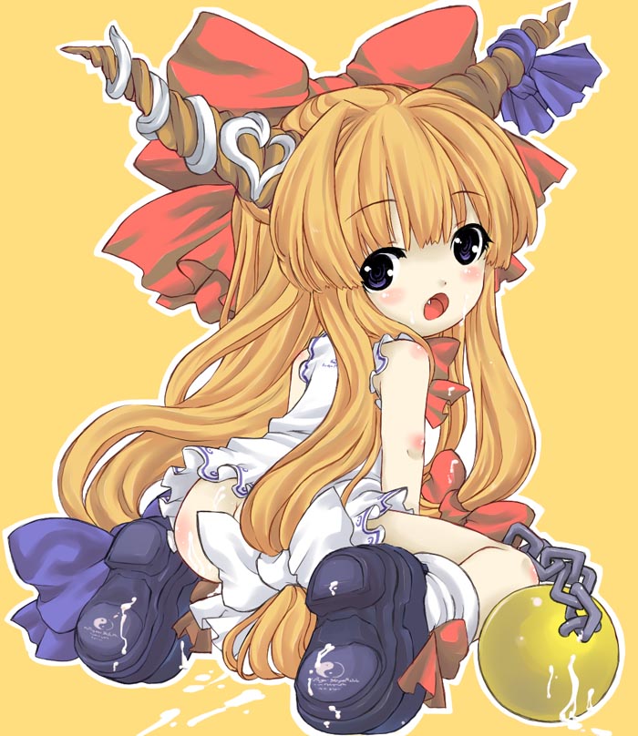 tm (gf-tm), tm (pixiv), ibuki suika, touhou, bad id, bad pixiv id, ass, brown hair, chain, cum, cum on ass, cum on body, fang, horns, loli, long hair, ribbon, socks, solo, white socks