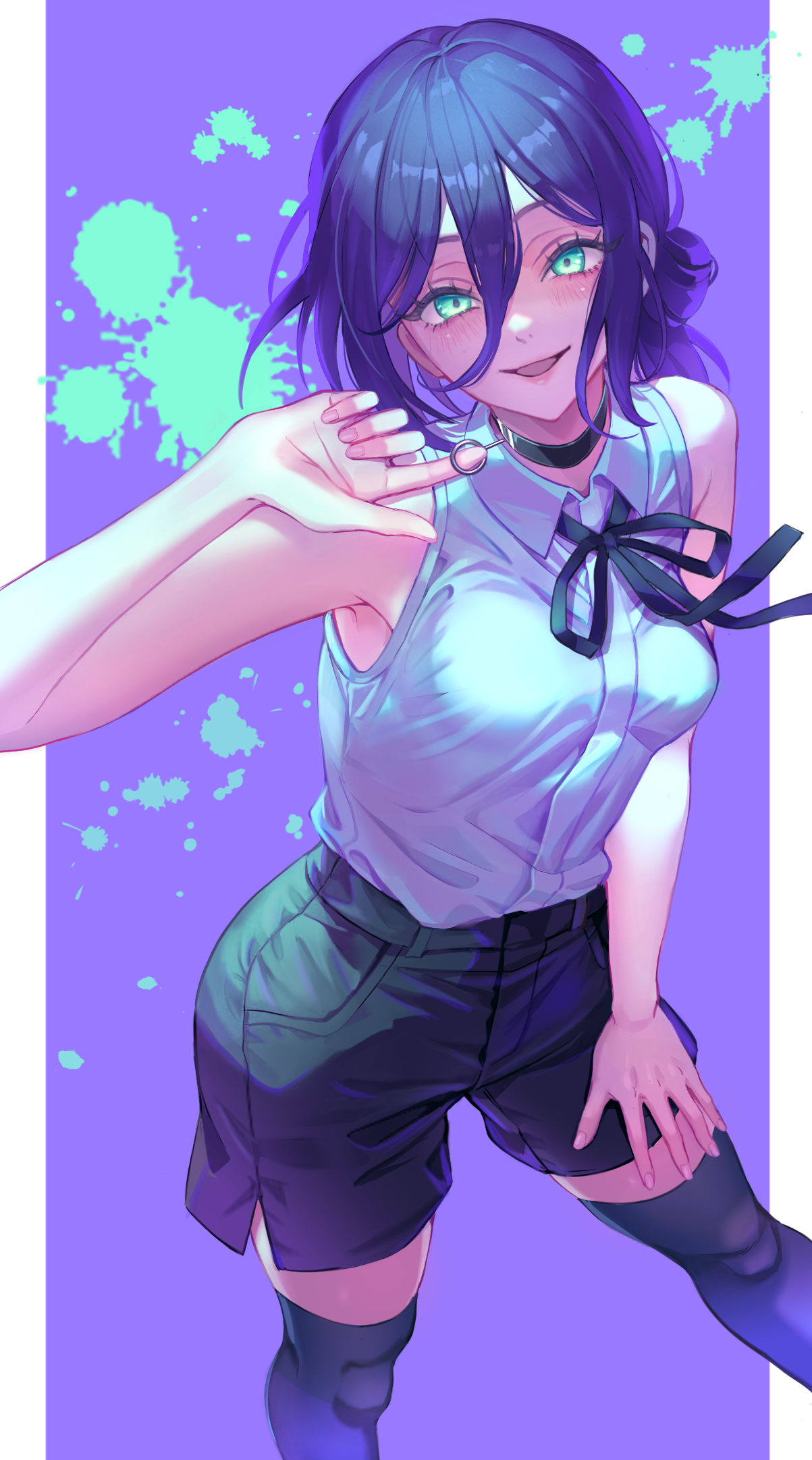 mitama (mokochiko), reze (chainsaw man), chainsaw man, highres, 1girl, black choker, black hair, black shorts, black thighhighs, breasts, choker, green eyes, grenade pin, looking at viewer, shirt, shorts, sleeveless, sleeveless shirt, small breasts, smile, solo, thighhighs, white shirt