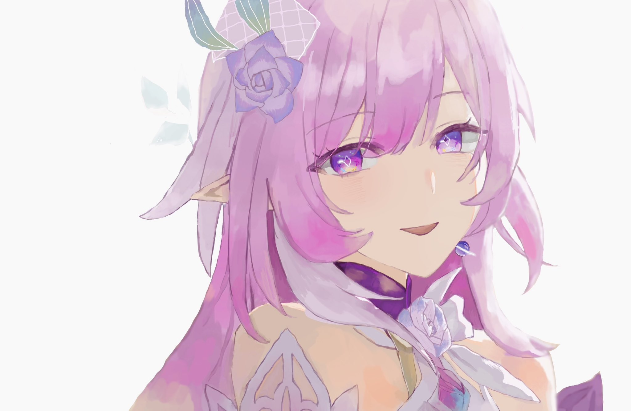 cyrene (honkai: star rail), cyrene (ripples of past reverie) (honkai: star rail), honkai: star rail, honkai (series), commentary, highres, symbol-only commentary, 1girl, animal ears, bare shoulders, diamond-shaped pupils, diamond (shape), dress, flower, hair flower, hair ornament, iro iro0204, long hair, looking at viewer, multicolored hair, pink hair, pointy ears, purple eyes, simple background, smile, solo, symbol-shaped pupils, two-tone hair, upper body, very long hair, white background, white dress, white hair