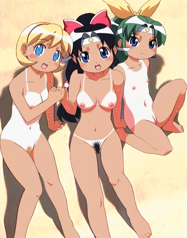 miyabi, shinobu (ninin ga shinobuden), shiranui kaede, ninin ga shinobuden, nude filter, third-party edit, 00s, 3girls, arm support, barefoot, beach, bikini tan, black hair, blonde hair, blue eyes, blush, breasts, covered erect nipples, feet, female pubic hair, flat chest, green hair, hair ribbon, hairband, happy, headband, holding hands, kneeling, loli, long hair, medium breasts, multiple girls, navel, ninja, nipples, nude, nudist, one-piece tan, outdoors, ponytail, pubic hair, public indecency, pussy, ribbon, shadow, short hair, sitting, small breasts, smile, smiley face, sweat, tan, tanline, toes, uncensored