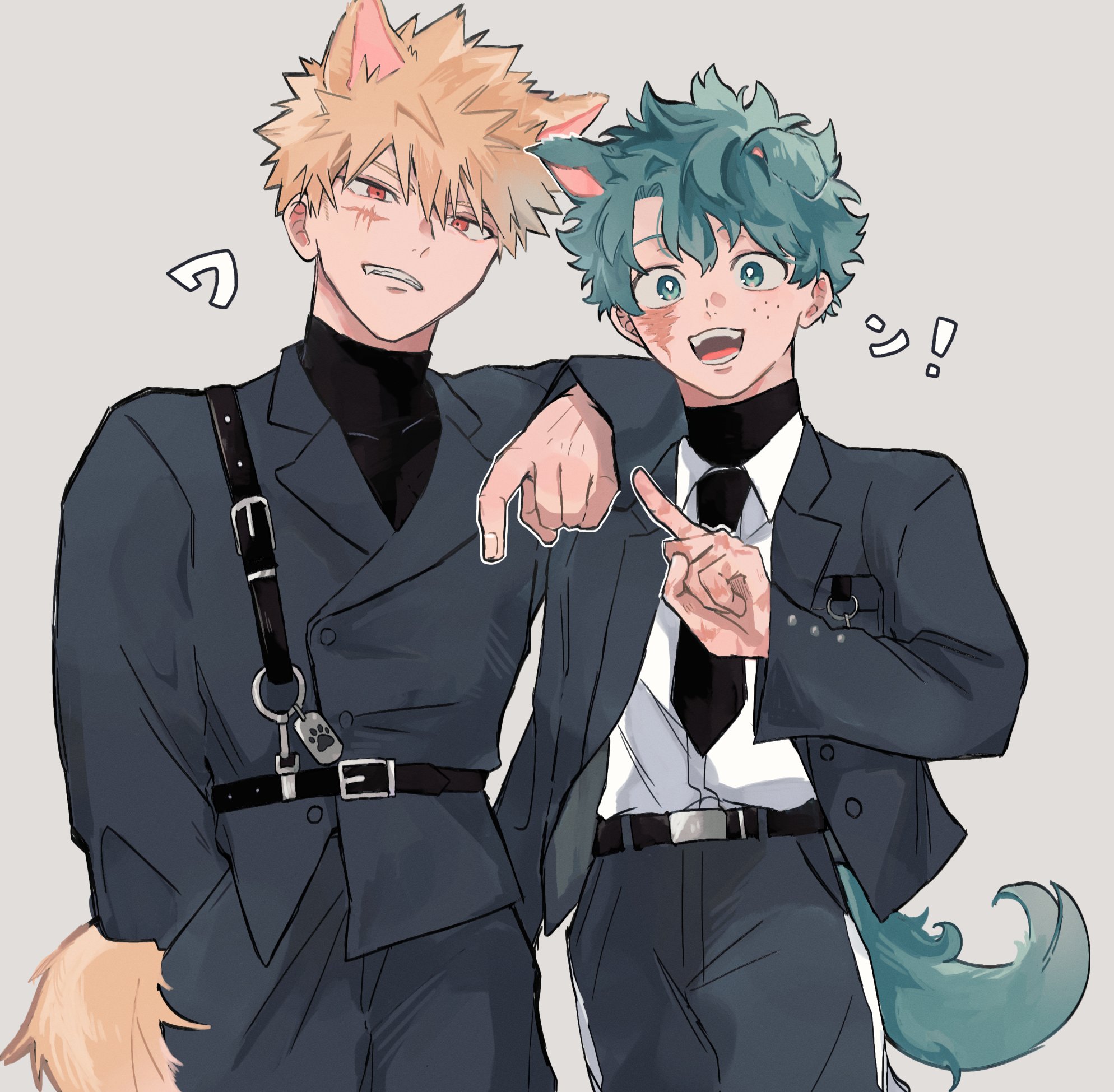 bakugou katsuki, midoriya izuku, boku no hero academia, commentary request, highres, 2boys, animal ears, arm on another's shoulder, arm up, belt, belt buckle, black belt, black jacket, black necktie, black shirt, buckle, buttoned cuffs, buttons, collared shirt, cowboy shot, dog boy, dog ears, dog tail, facial scar, freckles, green eyes, grey background, hand in pocket, jacket, lapels, male focus, multiple boys, multiple scars, necktie, notched lapels, oismn s, open clothes, open jacket, open mouth, orange eyes, pointing, scar, scar on cheek, scar on face, scar on hand, shirt, shirt tucked in, smile, tail, teeth, tongue, turtleneck, white shirt, wing collar