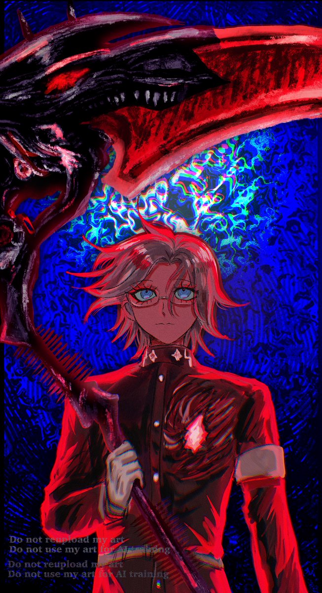 uyu (yumeyumepop7), aotsuki eito, the hundred line -last defense academy-, commentary, highres, 1boy, armband, belt, black jacket, blue background, gakuran, glasses, gloves, grey hair, holding, holding scythe, holding weapon, jacket, last defense academy school uniform, looking up, male focus, purple eyes, school uniform, scythe, short hair, solo, watermark, weapon, white armband, white belt, white gloves