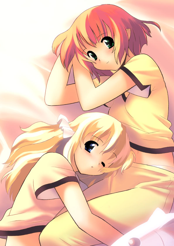jiji (aardvark), 2girls, blonde hair, blue eyes, green eyes, long hair, midriff, multiple girls, one eye closed, pajamas, panties, pointy ears, red hair, short hair, sleepwear, smile, squinting, underwear, wink