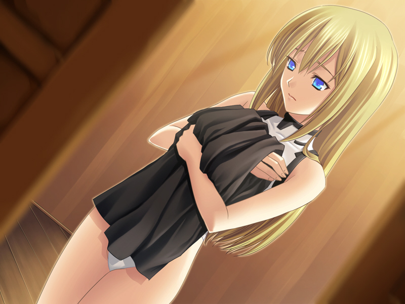 sister alicia, kakuu shoujo, game cg, 1girl, blonde hair, blue eyes, clothes in front, covering privates, dutch angle, female focus, highleg, highleg leotard, highleg panties, leotard, long hair, panties, solo, underwear, undressing, voyeur pov, voyeurism