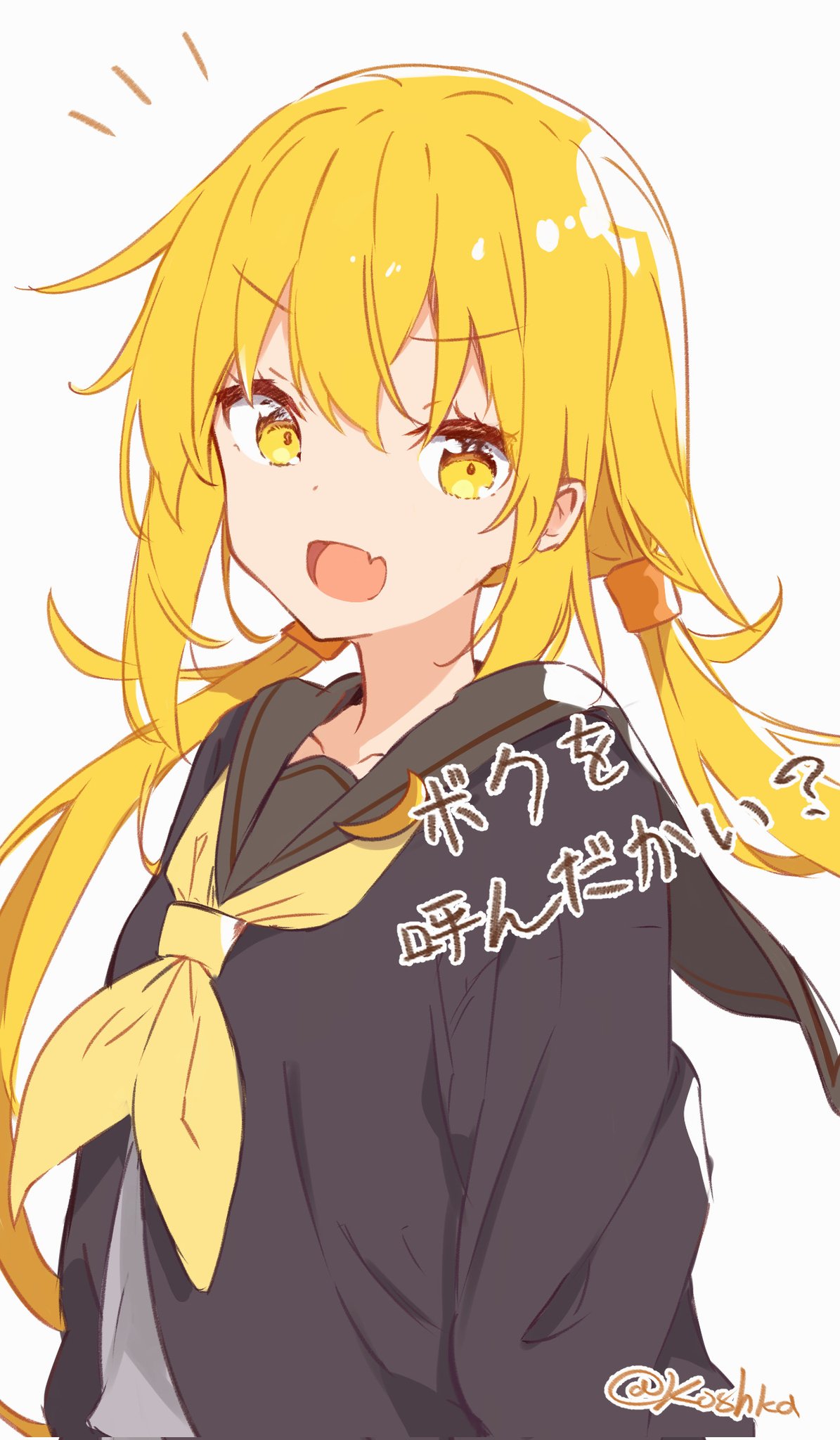 koshka pic, satsuki (kancolle), kantai collection, commentary request, highres, translation request, 1girl, black sailor collar, black serafuku, black shirt, blonde hair, fang, low twintails, neckerchief, sailor collar, sailor shirt, school uniform, serafuku, shirt, simple background, skin fang, smile, solo, twintails, white background, yellow eyes, yellow neckerchief