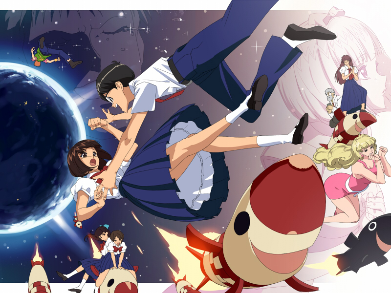 4boys, 5girls, anii noe, belt, black belt, blonde hair, blue pants, bow, bowtie, brown eyes, brown hair, closed eyes, closed mouth, doctor, earth (planet), evil grin, evil smile, floating, from side, glasses, grin, hair bow, hands on own chest, jewelry, lab coat, loafers, long hair, matsuzawa hitomi, may (nicoseiga 32709921), missile, misutenaide daisy, multiple boys, multiple girls, necktie, old, old man, open mouth, pants, planet, pleated skirt, rarako sensei, red bow, red bowtie, red necktie, sailor collar, school uniform, serafuku, shoes, short hair, skirt, smile, socks, tami (misutenaide daisy), techno reijirou, techno youichirou, teeth, upper teeth only, white socks, yamakawa x