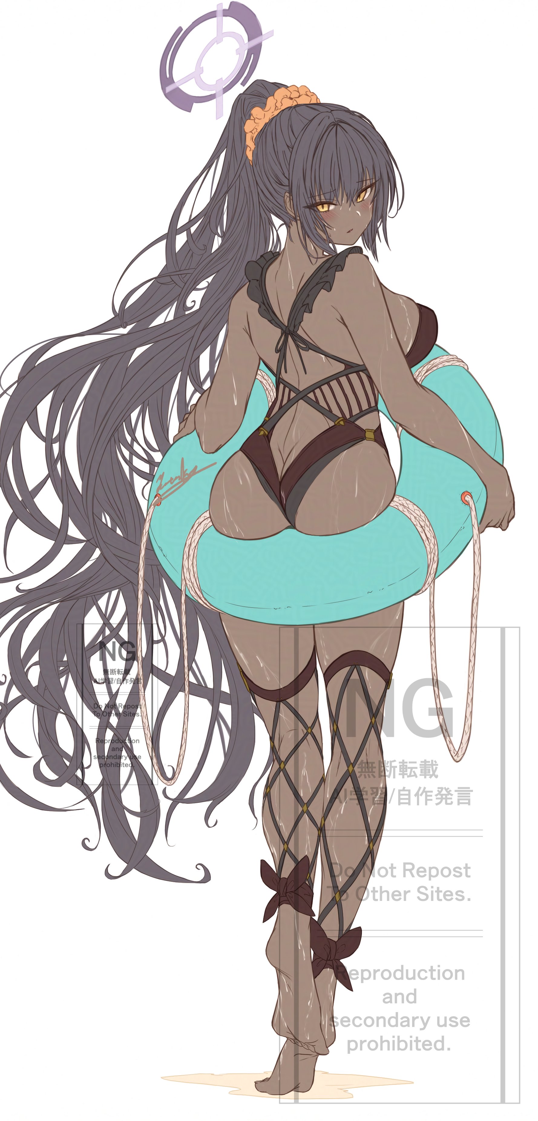 yatsuka (846), karin (blue archive), blue archive, absurdres, commentary, highres, 1girl, alternate costume, ass, black one-piece swimsuit, butt crack, dark-skinned female, dark skin, from behind, halo, one-piece swimsuit, purple halo, solo, swimsuit