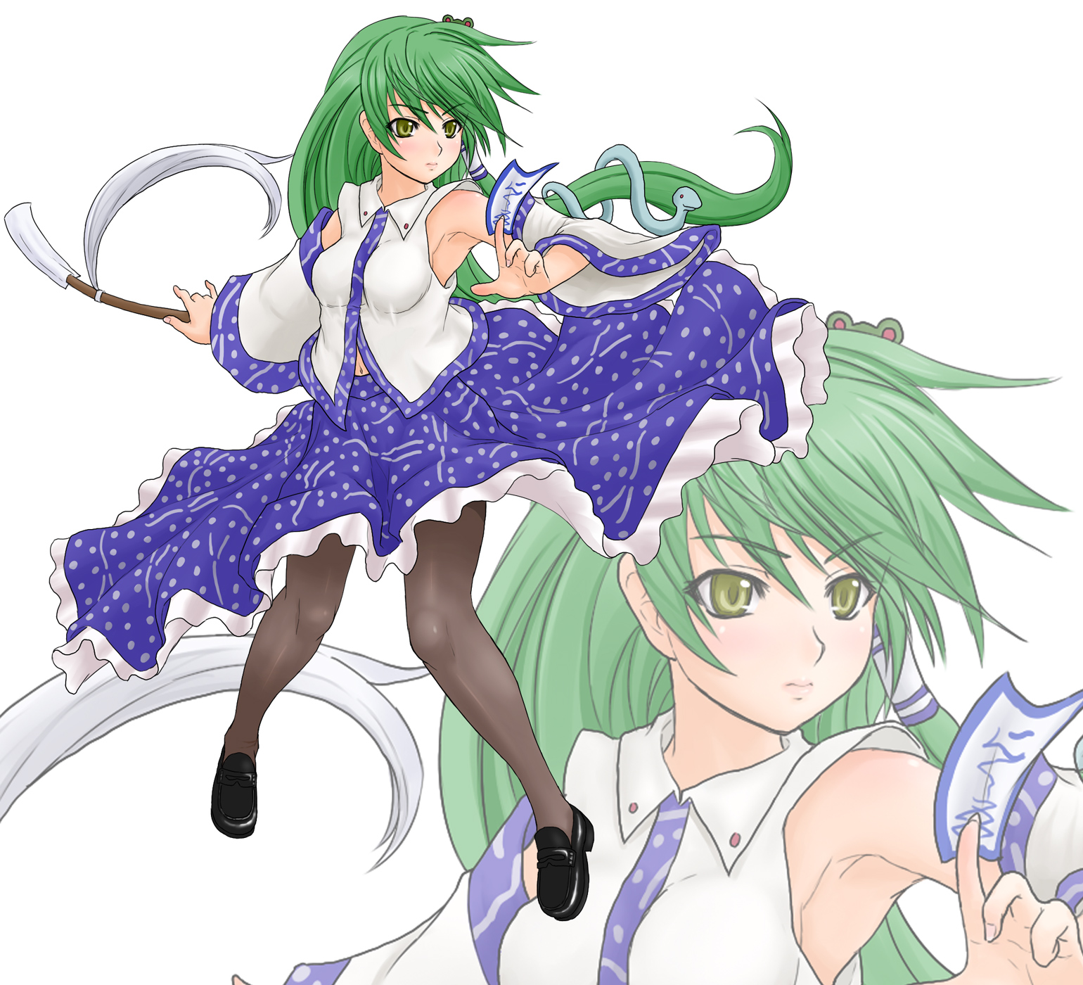 kuro suto sukii, kochiya sanae, touhou, highres, 1girl, armpits, black shoes, female focus, full body, green hair, japanese clothes, long hair, miko, pantyhose, shoes, solo, standing, zoom layer