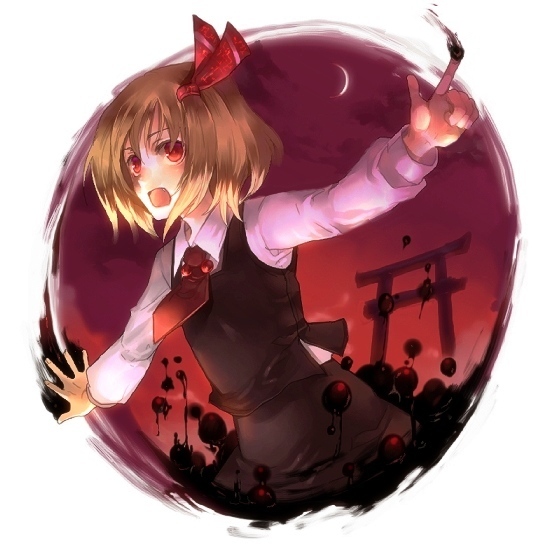 sunakumo, rumia, embodiment of scarlet devil, touhou, 1girl, blonde hair, crescent moon, darkness, female focus, long sleeves, moon, necktie, open mouth, outstretched arms, red eyes, red necktie, ribbon, short hair, sky, solo, spread arms, torii