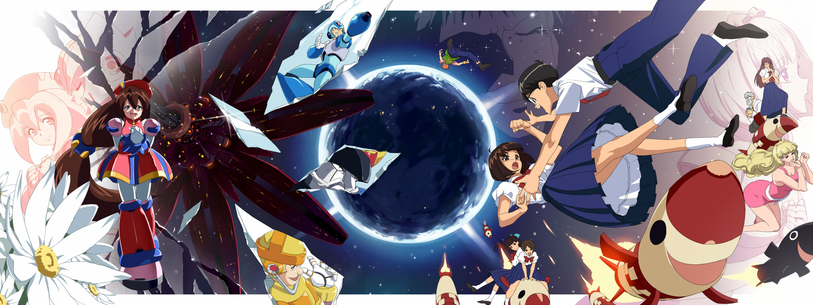 double (mega man), general (mega man), iris (mega man), x (mega man), zero (mega man), mega man (series), mega man x4, mega man x (series), highres, 1girl, 4boys, 6+boys, 6+girls, 6+others, android, anii noe, arm cannon, armor, belt, beret, black belt, blonde hair, blue armor, blue pants, bow, bowtie, broken glass, brown eyes, brown hair, chest jewel, clenched teeth, closed eyes, closed mouth, crying, doctor, dress, earth (planet), evil grin, evil smile, facial hair, floating, flower, forehead jewel, from side, full body, glass, glasses, gloves, green eyes, grin, hair bow, hands on own chest, hat, helmet, jewelry, lab coat, loafers, long hair, looking at viewer, low-tied long hair, lower teeth only, matsuzawa hitomi, may (nicoseiga 32709921), missile, misutenaide daisy, multicolored dress, multiple boys, multiple girls, multiple others, mustache, nakama yukie (mega man), necktie, old, old man, one more chance (mega man), open mouth, pants, peaked cap, planet, pleated skirt, ponytail, rarako sensei, red bow, red bowtie, red hat, red necktie, sailor collar, school uniform, serafuku, shoes, short hair, shoulder armor, skirt, smile, socks, song connection, tami (misutenaide daisy), techno reijirou, techno youichirou, teeth, upper teeth only, weapon, white flower, white gloves, white socks, yamakawa x, yellow armor