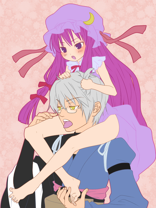 d5 (pixiv), morichika rinnosuke, patchouli knowledge, touhou, silver hair, bad id, bad pixiv id, 1boy, 1girl, barefoot, carrying, feet, flat color, glasses, grabbing another's hair, hat, holding another's hair, purple eyes, purple hair, ribbon, short hair, shoulder carry, smell, toes, tongue, yellow eyes