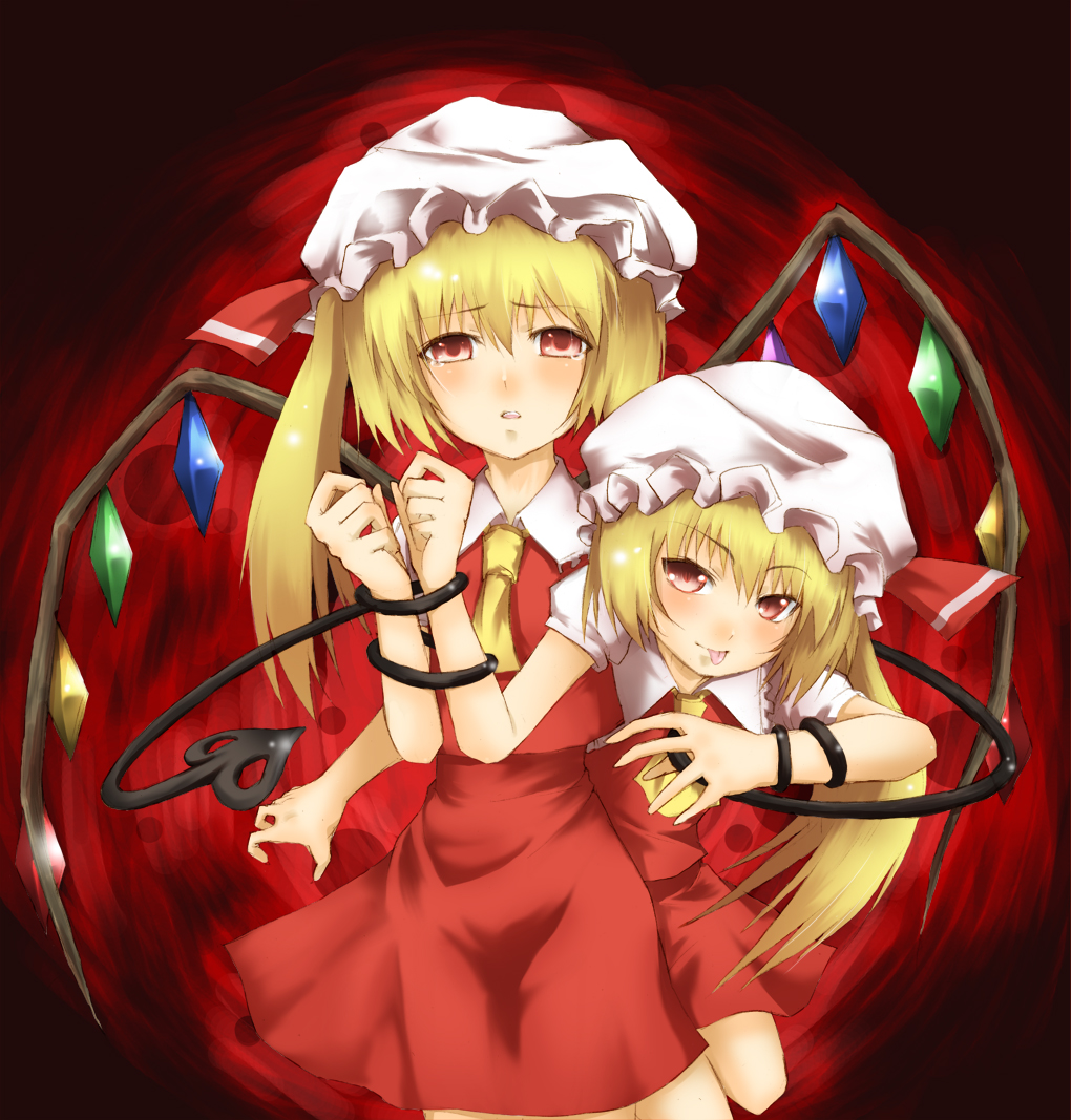 sutagu, flandre scarlet, touhou, 2girls, blonde hair, clone, female focus, hat, mob cap, multiple girls, ponytail, ribbon, short hair, tears, wings
