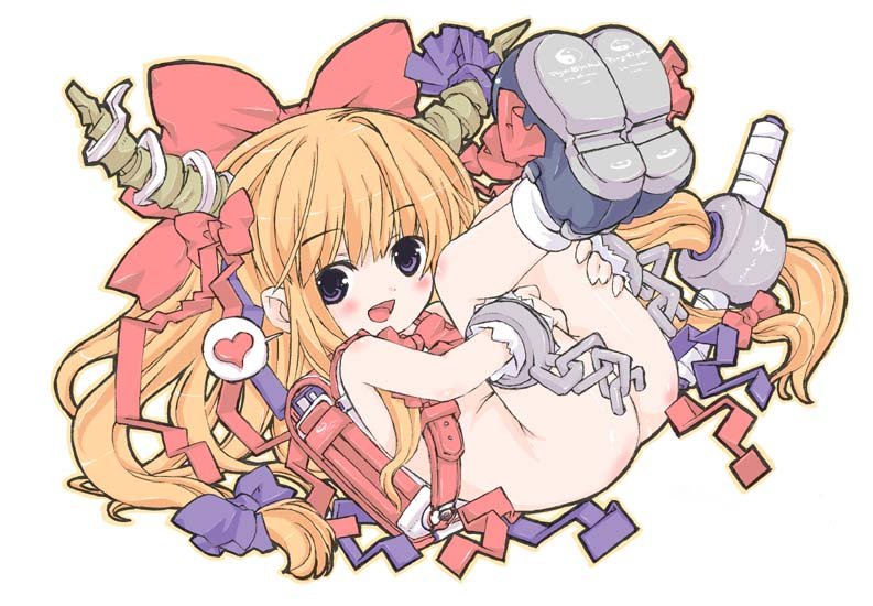 tm (gf-tm), tm (pixiv), ibuki suika, touhou, bad id, bad pixiv id, 1girl, ass, backpack, bag, brown hair, chain, female focus, horns, loli, long hair, naked backpack, nude, ribbon