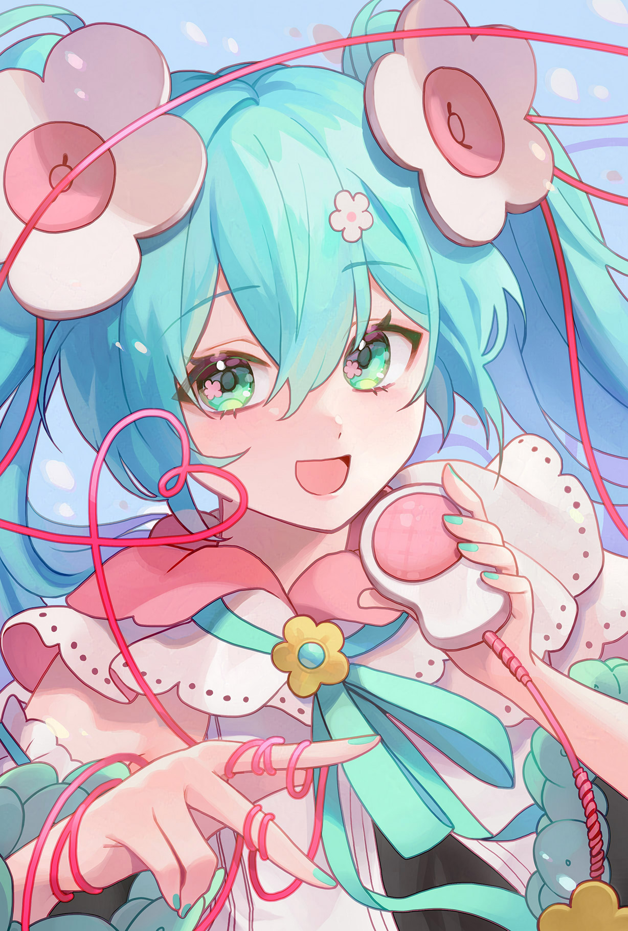 ruk (spi1116), hatsune miku, magical mirai miku, magical mirai miku (2021), magical mirai (vocaloid), vocaloid, highres, 1girl, aqua eyes, aqua hair, dress, flower, flower in eye, hair flower, hair ornament, holding, holding microphone, long hair, long sleeves, looking at viewer, microphone, official alternate costume, official alternate hairstyle, open mouth, pink dress, pink ribbon, ribbon, smile, solo, symbol in eye, twintails, very long hair