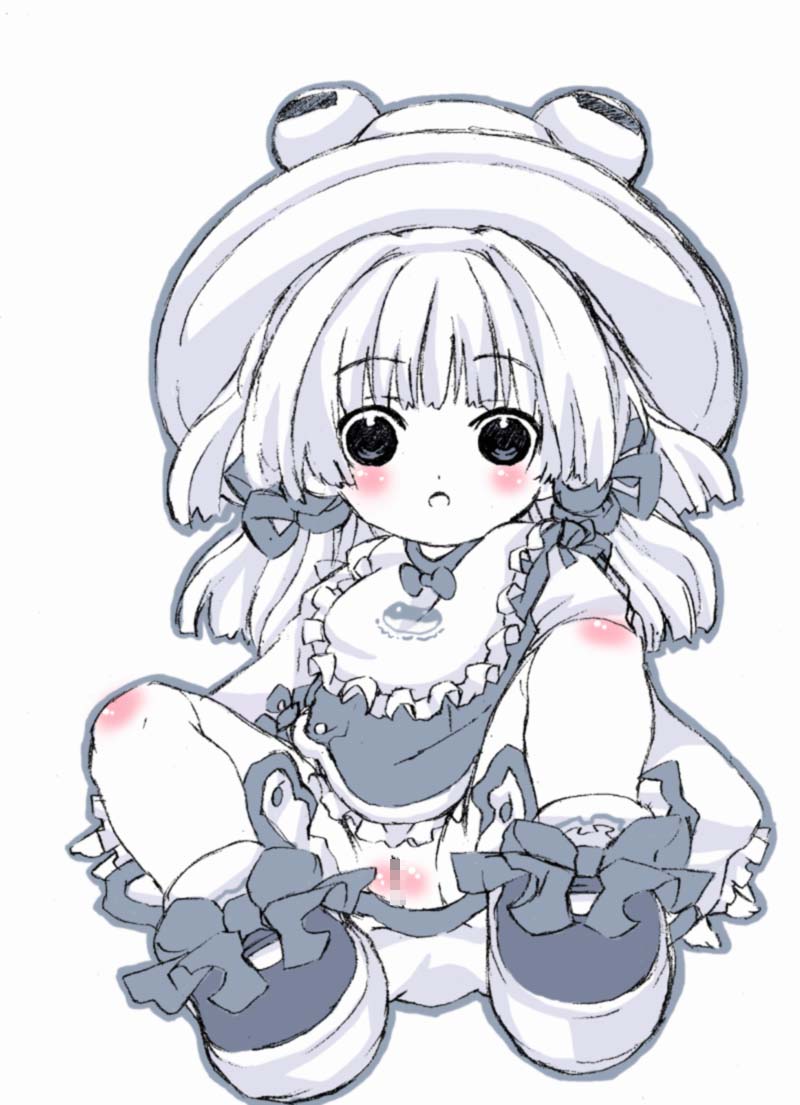 tm (gf-tm), tm (pixiv), moriya suwako, touhou, bad id, bad pixiv id, 1girl, censored, female focus, hat, loli, monochrome, mosaic censoring, pussy, ribbon, solo