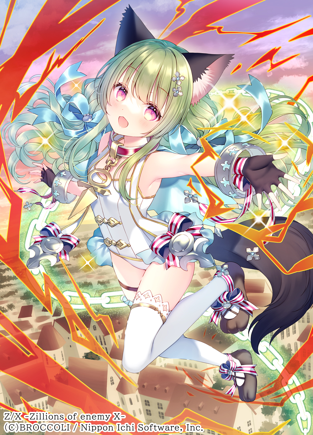 wasabi (sekai), z/x, highres, official art, 1girl, animal ears, aqua ribbon, armpits, bangle, bare shoulders, black gloves, black shoes, bracelet, building, cat ears, chain, collar, copyright notice, fingerless gloves, floating, gloves, green hair, hair ornament, hair ribbon, jewelry, leotard, long hair, open mouth, outdoors, paw shoes, pink eyes, red collar, ribbon, shitorii nina, shoes, solo, tail, thigh strap, thighhighs, white leotard, white thighhighs
