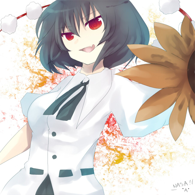 eiko (pixiv), eiko (tukino), shameimaru aya, touhou, bad id, bad pixiv id, 1girl, black hair, fang, female focus, looking at viewer, open mouth, ribbon, short hair, solo