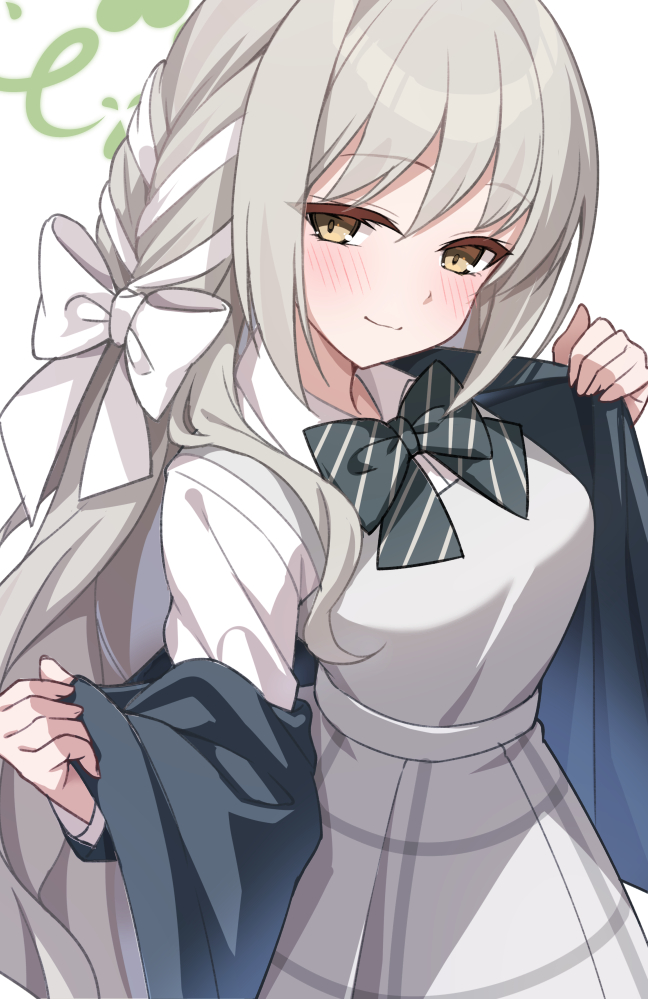nanoyo, miyo (blue archive), blue archive, commentary, paid reward available, 1girl, black bow, black bowtie, blush, bow, bowtie, breasts, brown hair, closed mouth, green halo, grey skirt, hair bow, halo, long hair, long sleeves, looking at viewer, medium breasts, plaid clothes, plaid skirt, shirt, simple background, skirt, smile, solo, striped bow, striped bowtie, striped clothes, white background, white bow, white shirt, yellow eyes