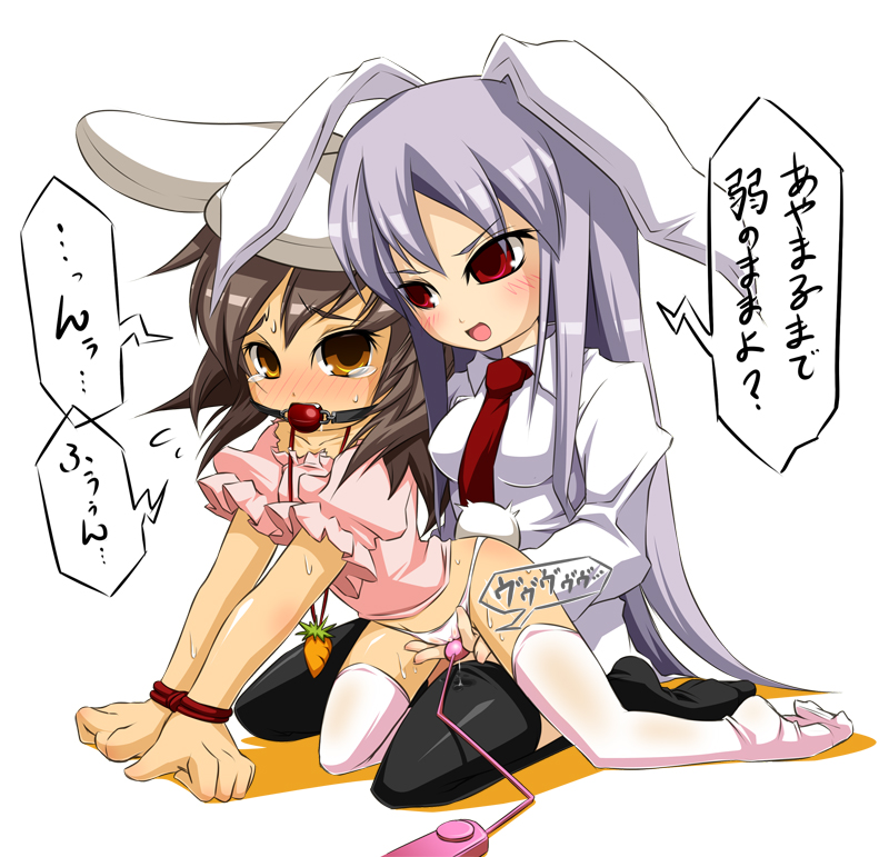 noya makoto, inaba tewi, reisen udongein inaba, touhou, translated, 2girls, age difference, animal ears, ball gag, bdsm, black thighhighs, blush, bondage, bound, cruelty to animals, female focus, femdom, flat chest, gag, gagged, loli, long hair, multiple girls, no pants, onee-loli, panties, pussy juice, rabbit ears, rape, sex toy, socks, tears, teasing, thighhighs, underwear, very long hair, vibrator, white panties, yuri